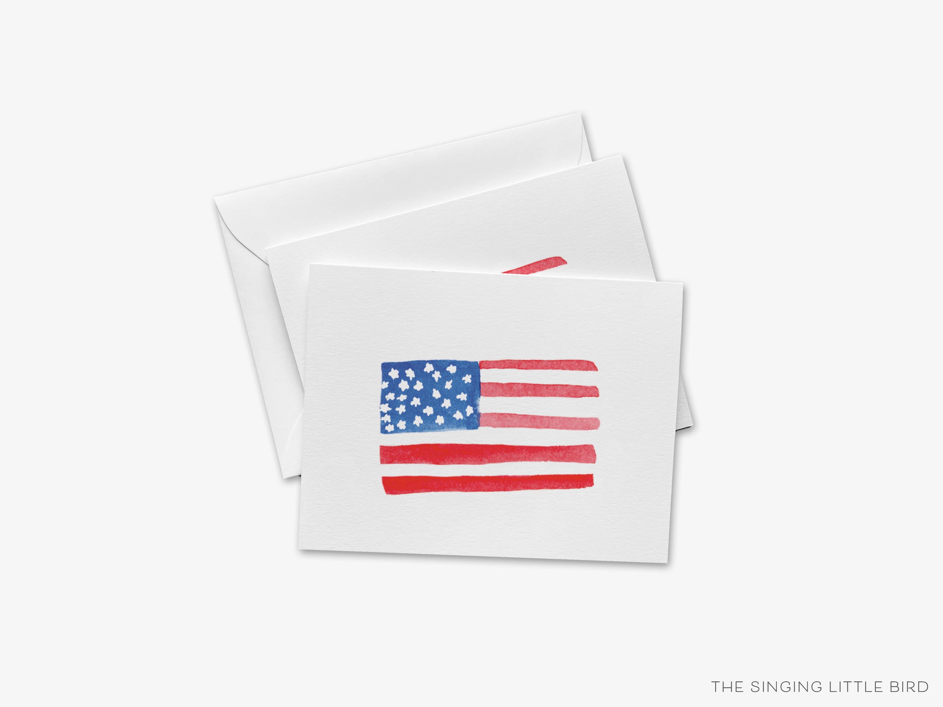 American Flag Greeting Card-These folded greeting cards are 4.25x5.5 and feature our hand-painted American Flag, printed in the USA on 100lb textured stock. They come with a White envelope and make a great thinking of you card for patriotic lover in your life.-The Singing Little Bird