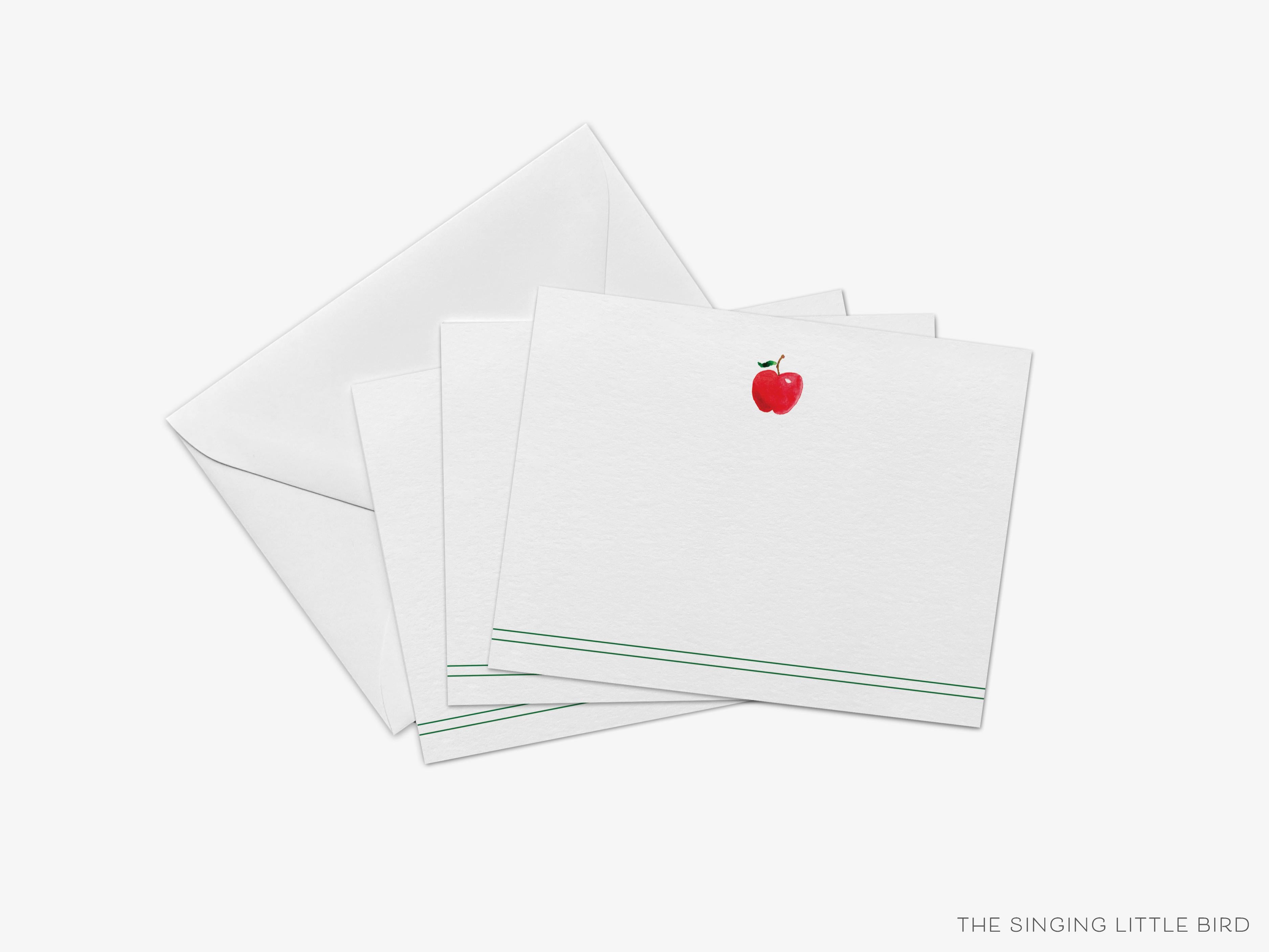 Apple Teacher Flat Notes [Sets of 8]-These flat notecards are 4.25x5.5 and feature our hand-painted watercolor apple, printed in the USA on 120lb textured stock. They come with white envelopes and make great thank yous and gifts for the teacher in your life.-The Singing Little Bird