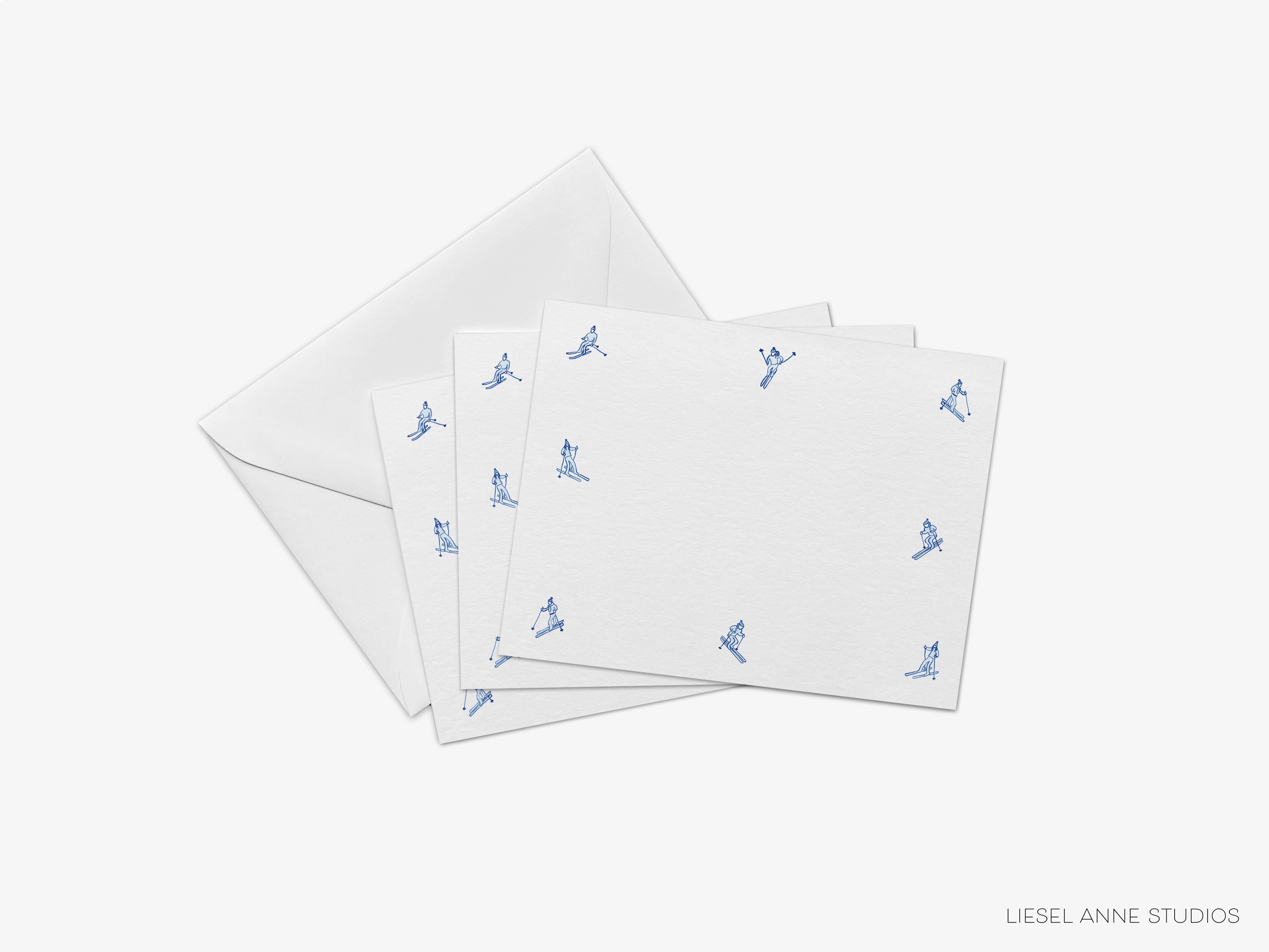 Après Ski Skier Flat Notes [Sets of 8]-These flat notecards are 4.25x5.5 and feature our hand-painted watercolor blue skiers, printed in the USA on 120lb textured stock. They come with white envelopes and make great thank yous and gifts for the winter mountain lover in your life.-The Singing Little Bird