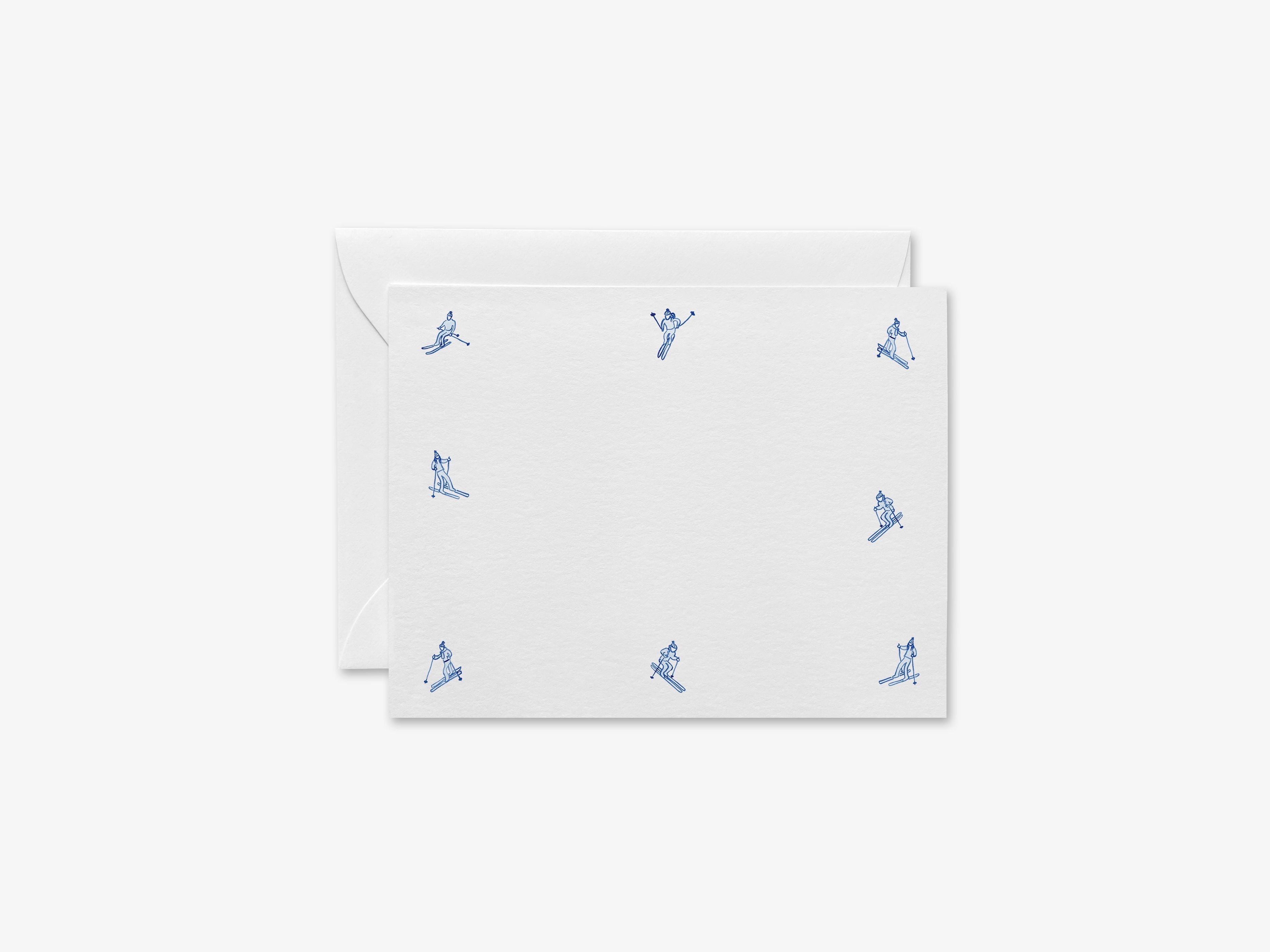 Après Ski Skier Flat Notes [Sets of 8]-These flat notecards are 4.25x5.5 and feature our hand-painted watercolor blue skiers, printed in the USA on 120lb textured stock. They come with white envelopes and make great thank yous and gifts for the winter mountain lover in your life.-The Singing Little Bird