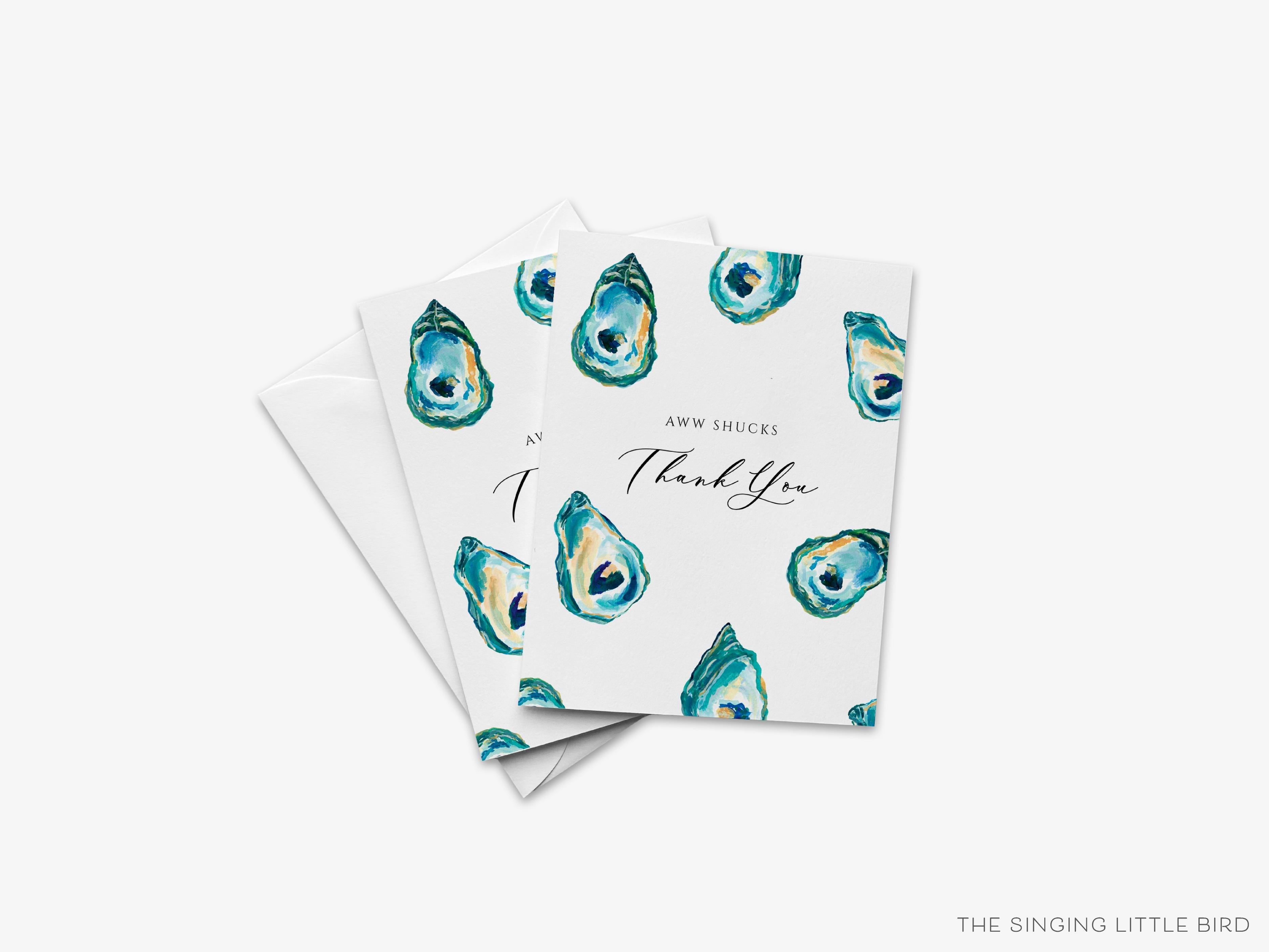 Aww Shucks Oyster Thank You Greeting Card-These folded greeting cards are 4.25x5.5 and feature our hand-painted oysters, printed in the USA on 100lb textured stock. They come with a White envelope and make a great thank you card for the ocean lover in your life.-The Singing Little Bird