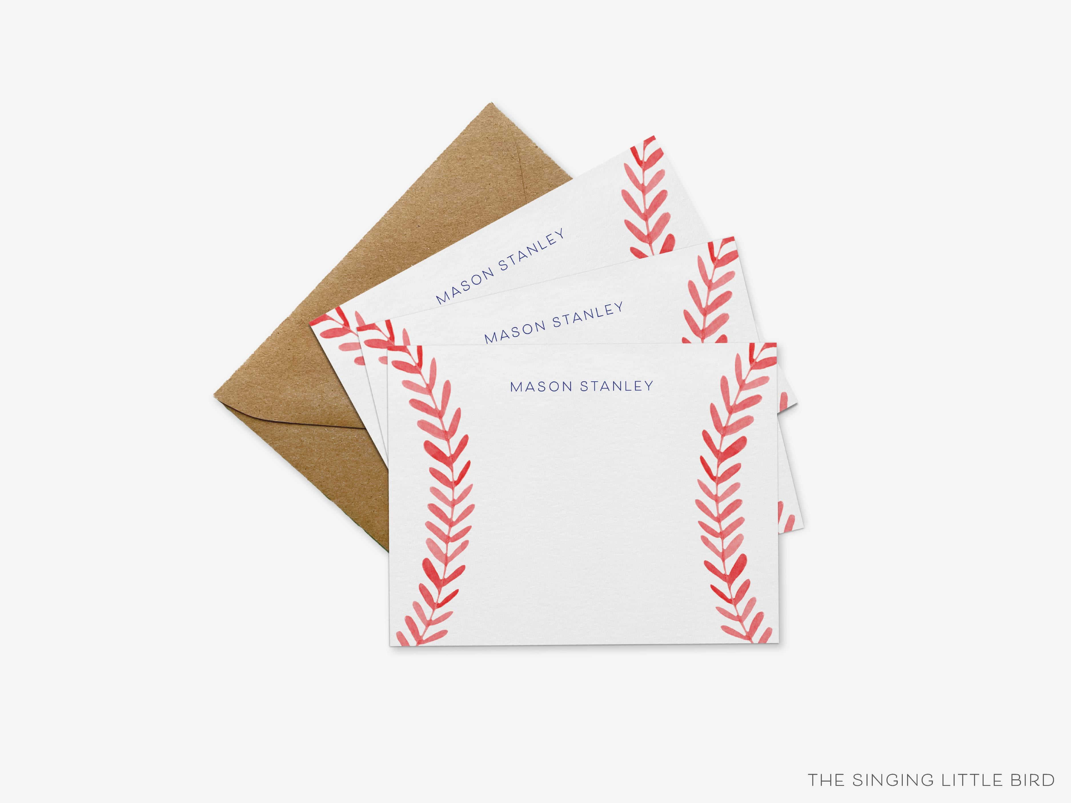 Baseball Seams Flat Notes-These personalized flat notecards are 4.25x5.5 and feature our hand-painted watercolor baseball seams, printed in the USA on 120lb textured stock. They come with your choice of envelopes and make great thank yous and gifts for the baseball lover in your life.-The Singing Little Bird