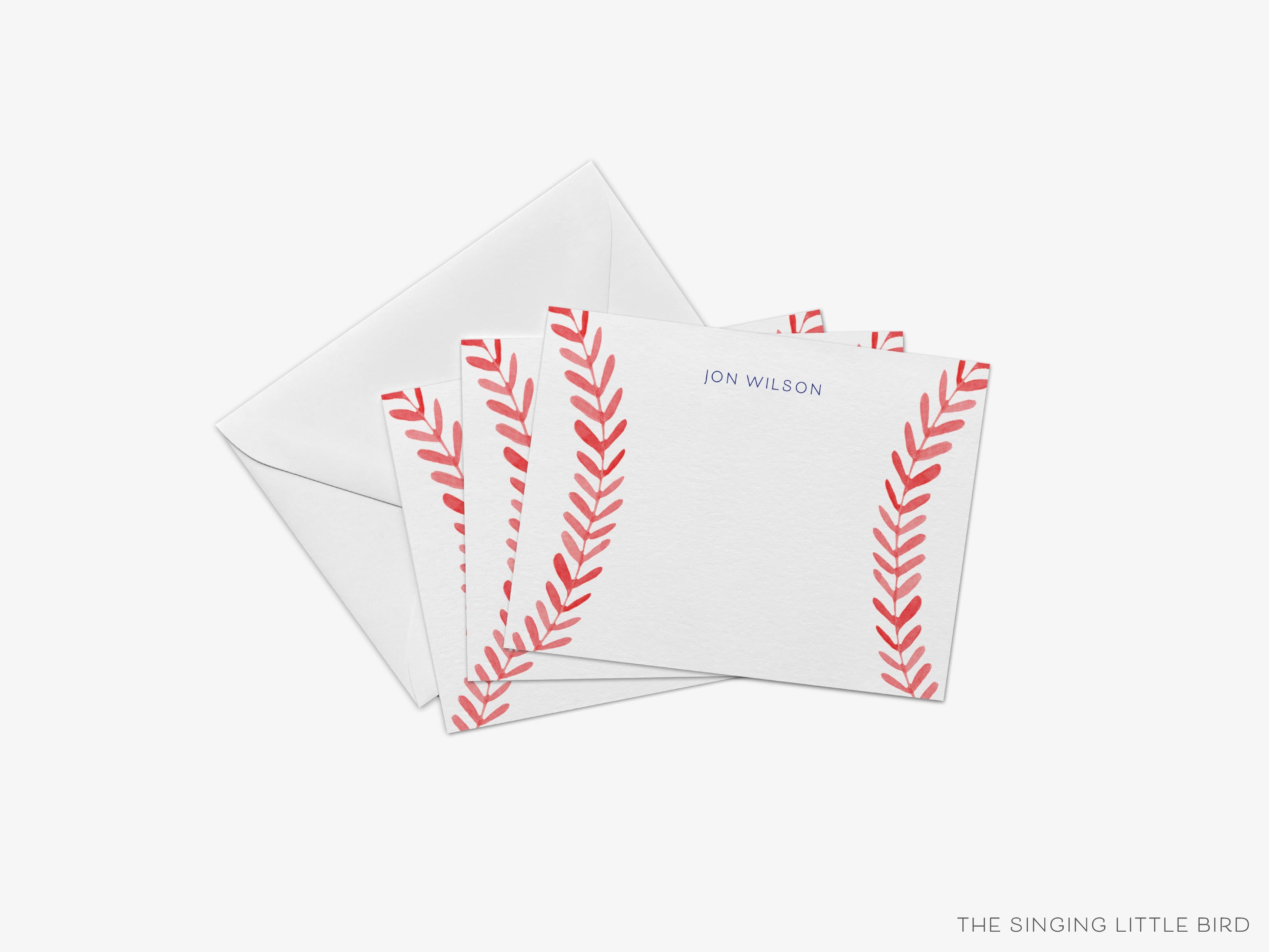 Baseball Seams Flat Notes-These personalized flat notecards are 4.25x5.5 and feature our hand-painted watercolor baseball seams, printed in the USA on 120lb textured stock. They come with your choice of envelopes and make great thank yous and gifts for the baseball lover in your life.-The Singing Little Bird