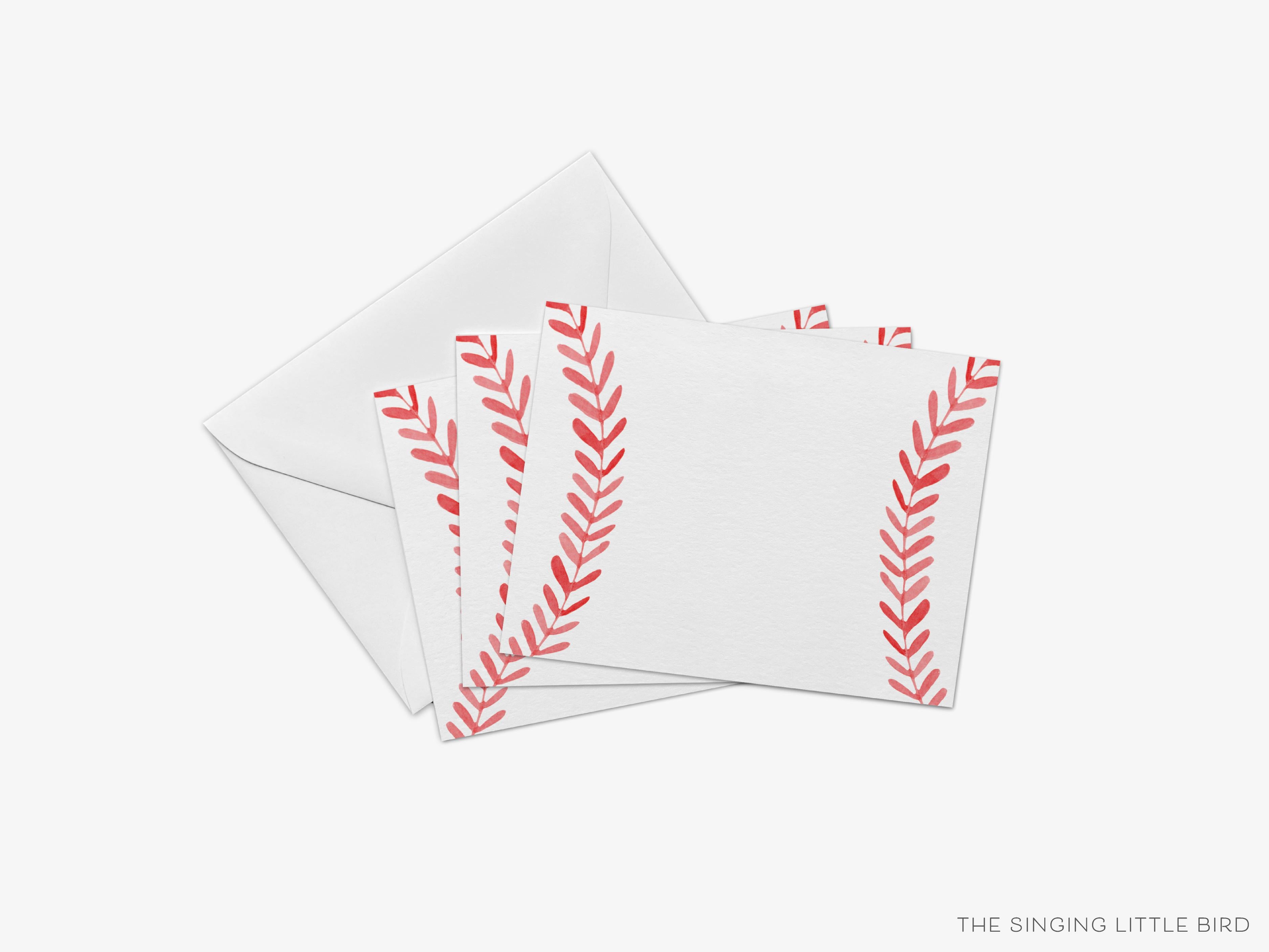 Baseball Seams Flat Notes-These personalized flat notecards are 4.25x5.5 and feature our hand-painted watercolor baseball seams, printed in the USA on 120lb textured stock. They come with your choice of envelopes and make great thank yous and gifts for the baseball lover in your life.-The Singing Little Bird