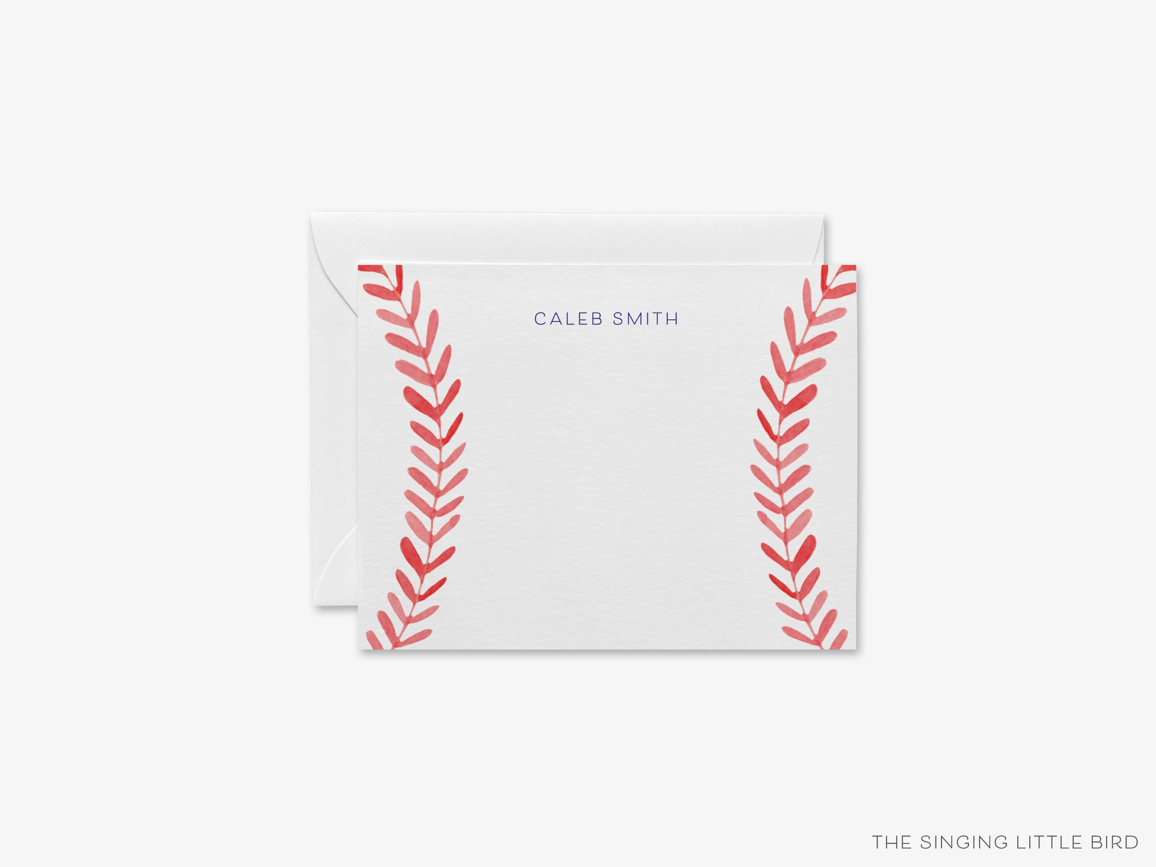 Baseball Seams Flat Notes-These personalized flat notecards are 4.25x5.5 and feature our hand-painted watercolor baseball seams, printed in the USA on 120lb textured stock. They come with your choice of envelopes and make great thank yous and gifts for the baseball lover in your life.-The Singing Little Bird