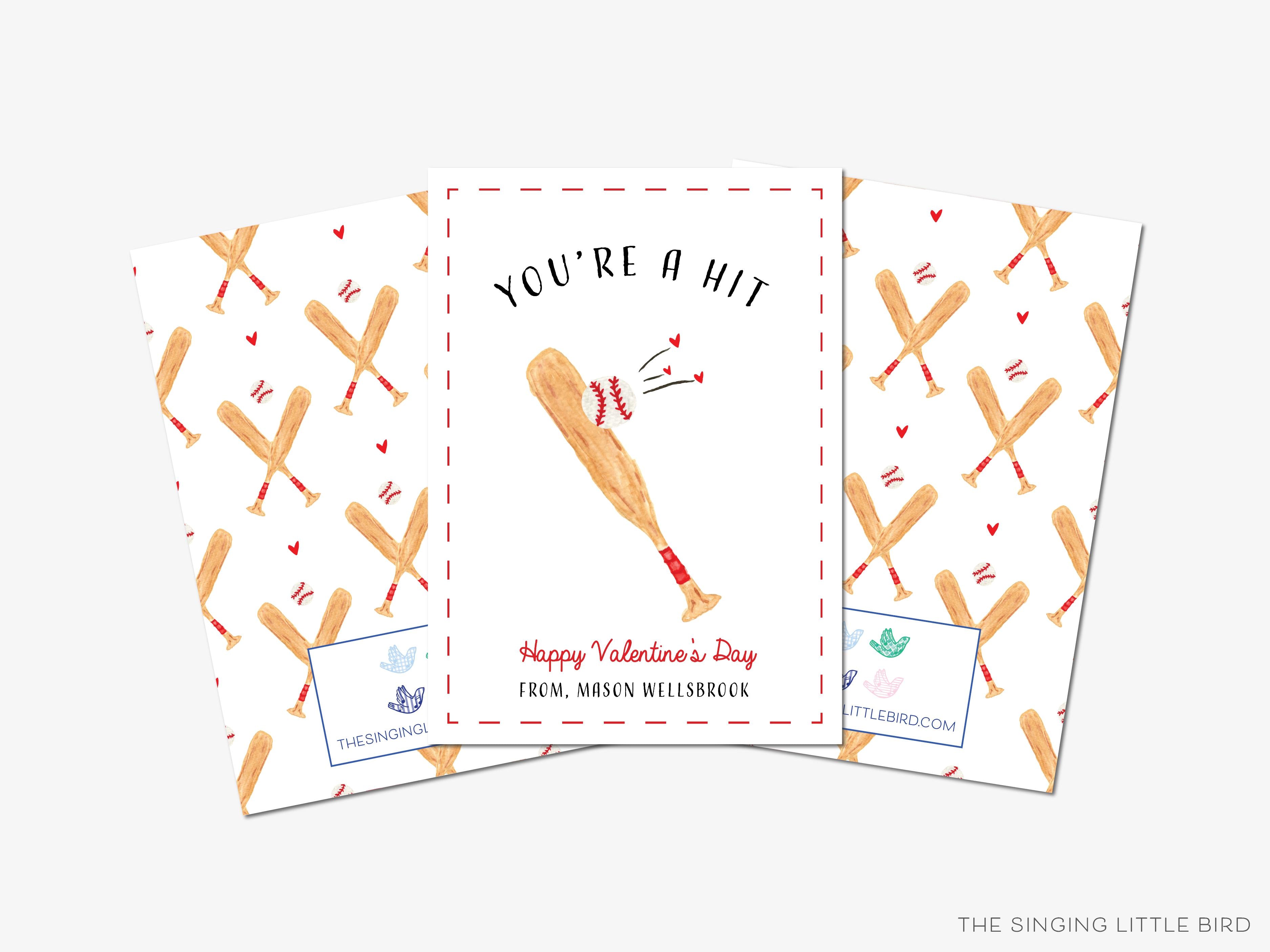 Baseball Valentine's Day Cards-These personalized flat notecards are 3.5" x 4.875 and feature our hand-painted watercolor baseball bat and ball, printed in the USA on 120lb textured stock. They come with white envelopes and make great Valentine's Day cards for kids and sport lovers in your life.-The Singing Little Bird