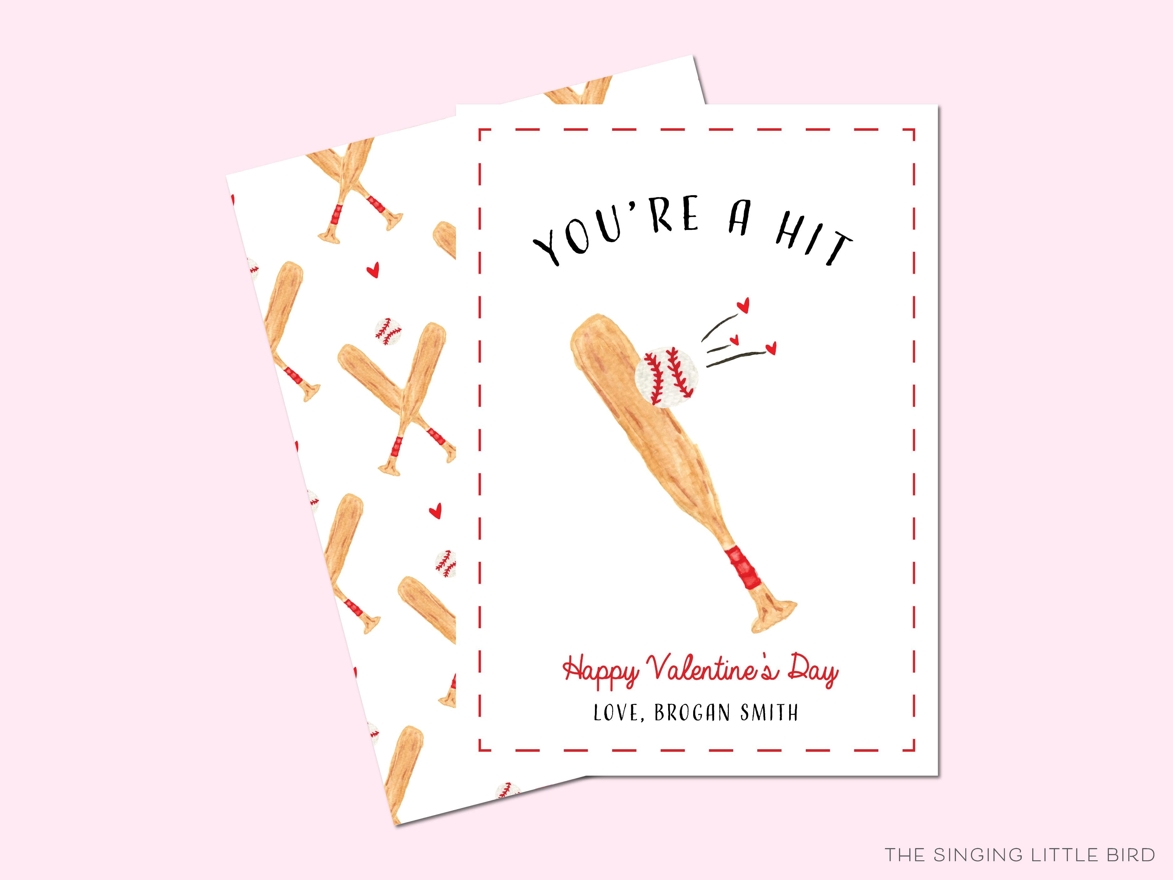 Baseball Valentine's Day Cards-These personalized flat notecards are 3.5" x 4.875 and feature our hand-painted watercolor baseball bat and ball, printed in the USA on 120lb textured stock. They come with white envelopes and make great Valentine's Day cards for kids and sport lovers in your life.-The Singing Little Bird