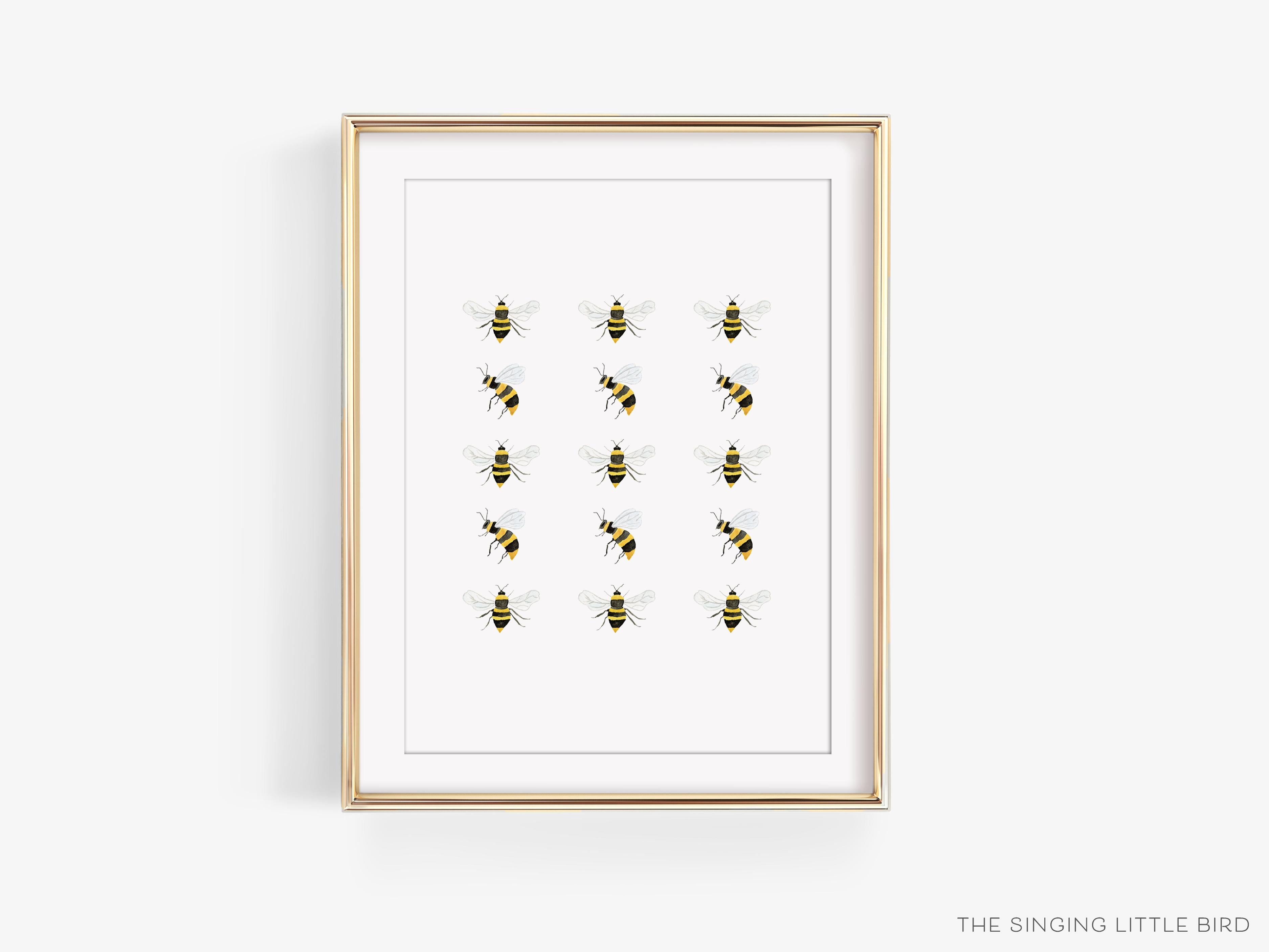 Bee Art Print-This watercolor art print features our hand-painted bees, printed in the USA on 120lb high quality art paper. This makes a great gift or wall decor for the bee lover in your life.-The Singing Little Bird