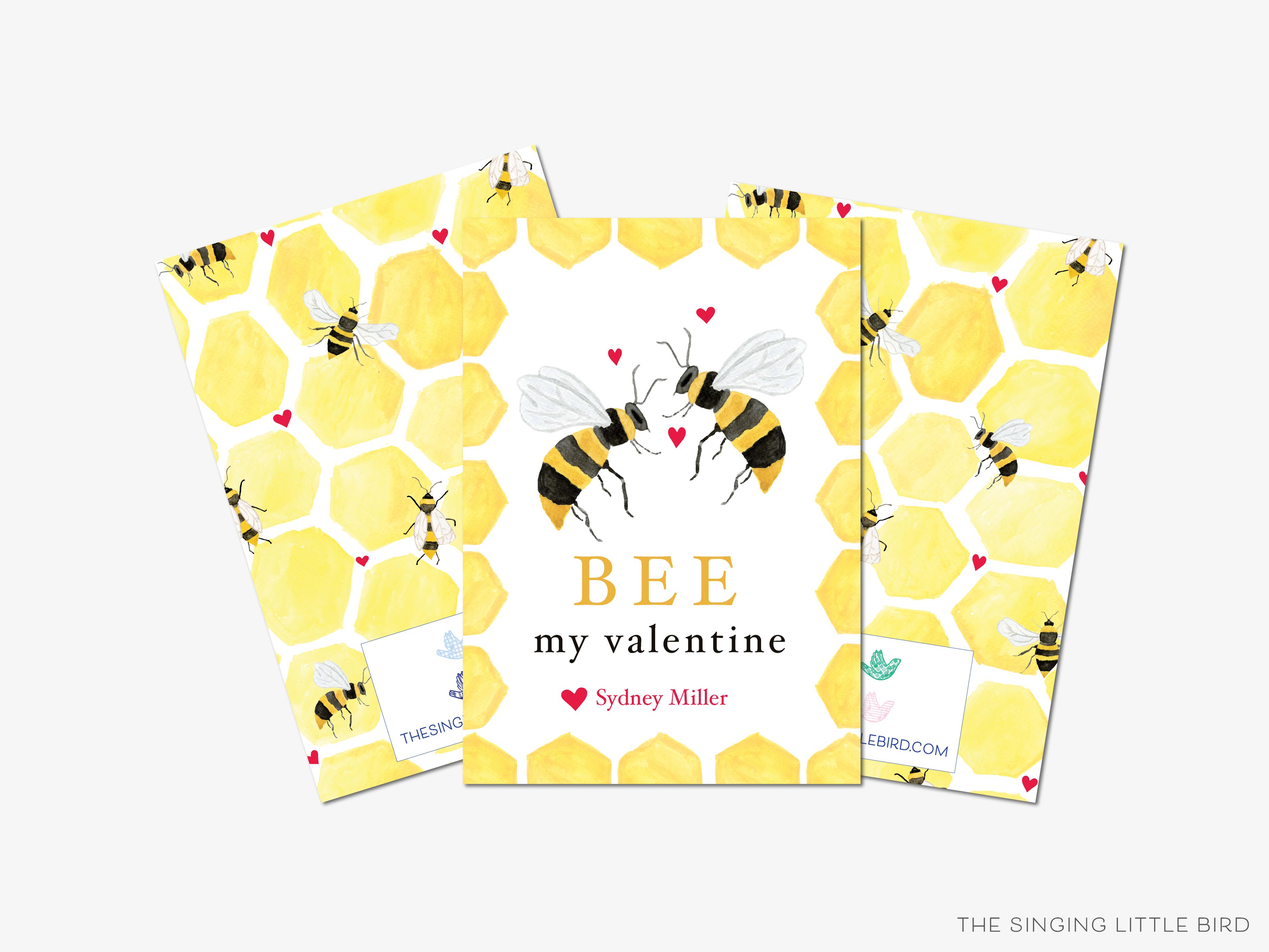 Bee Valentine's Day Cards-These personalized flat notecards are 3.5" x 4.875 and feature our hand-painted watercolor bees, printed in the USA on 120lb textured stock. They come with white envelopes and make great Valentine's Day cards for kids and bee lovers in your life.-The Singing Little Bird