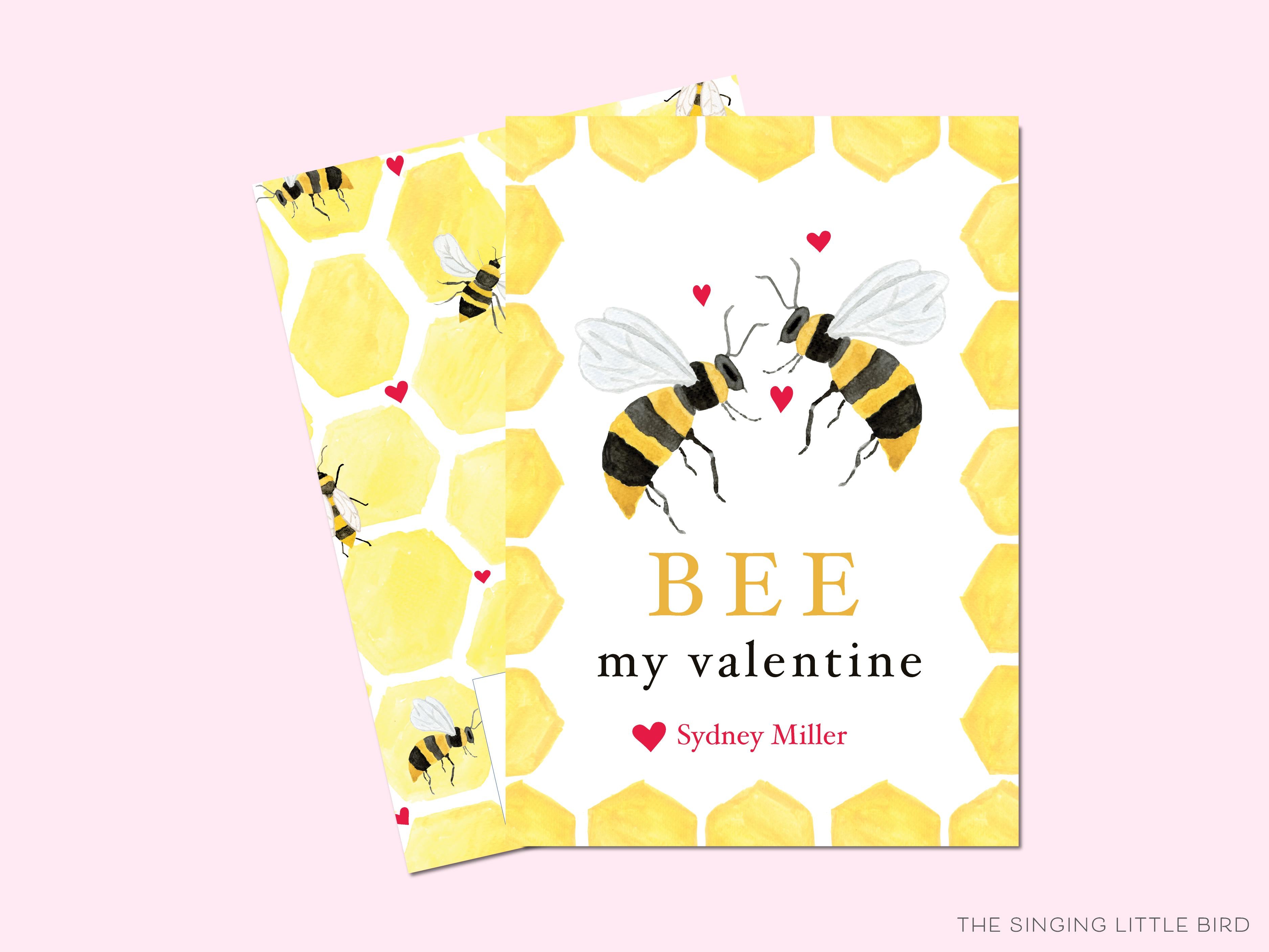 Bee Valentine's Day Cards-These personalized flat notecards are 3.5" x 4.875 and feature our hand-painted watercolor bees, printed in the USA on 120lb textured stock. They come with white envelopes and make great Valentine's Day cards for kids and bee lovers in your life.-The Singing Little Bird
