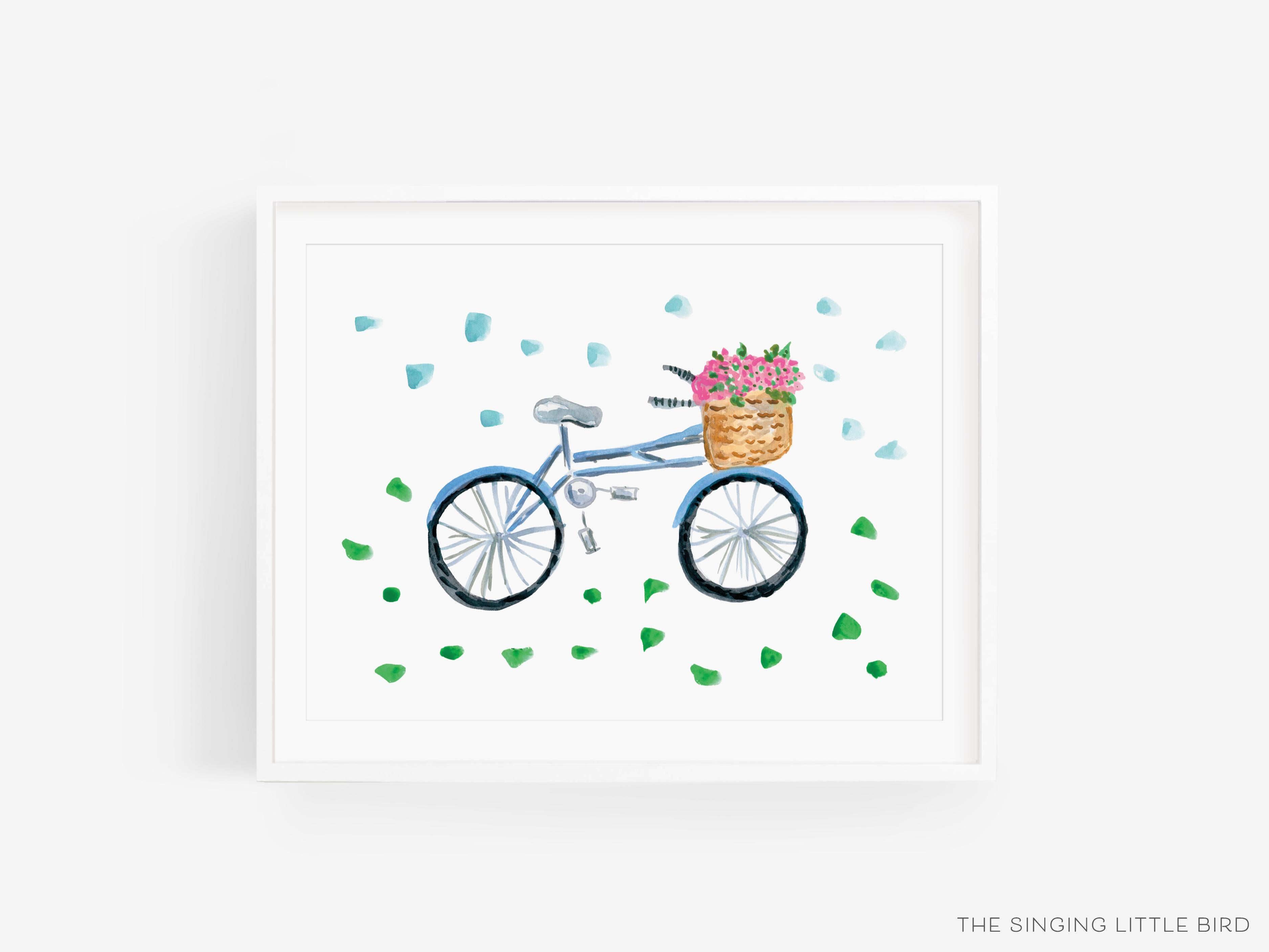 Bicycle Confetti Art Print-This watercolor art print features our hand-painted bicycle with basket of flowers and confetti, printed in the USA on 120lb high quality art paper. This makes a great gift or wall decor for the bike lover in your life.-The Singing Little Bird