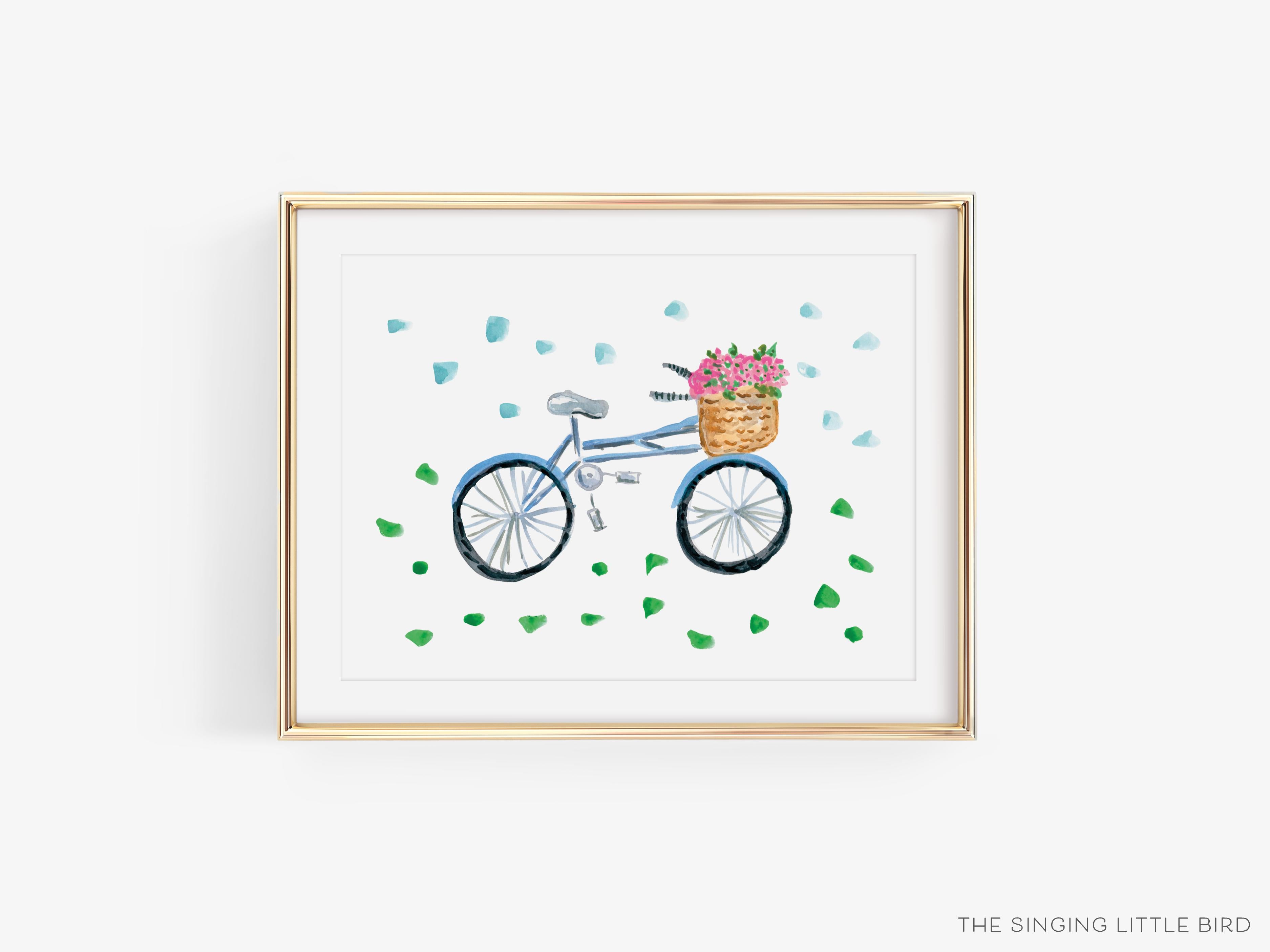 Bicycle Confetti Art Print-This watercolor art print features our hand-painted bicycle with basket of flowers and confetti, printed in the USA on 120lb high quality art paper. This makes a great gift or wall decor for the bike lover in your life.-The Singing Little Bird