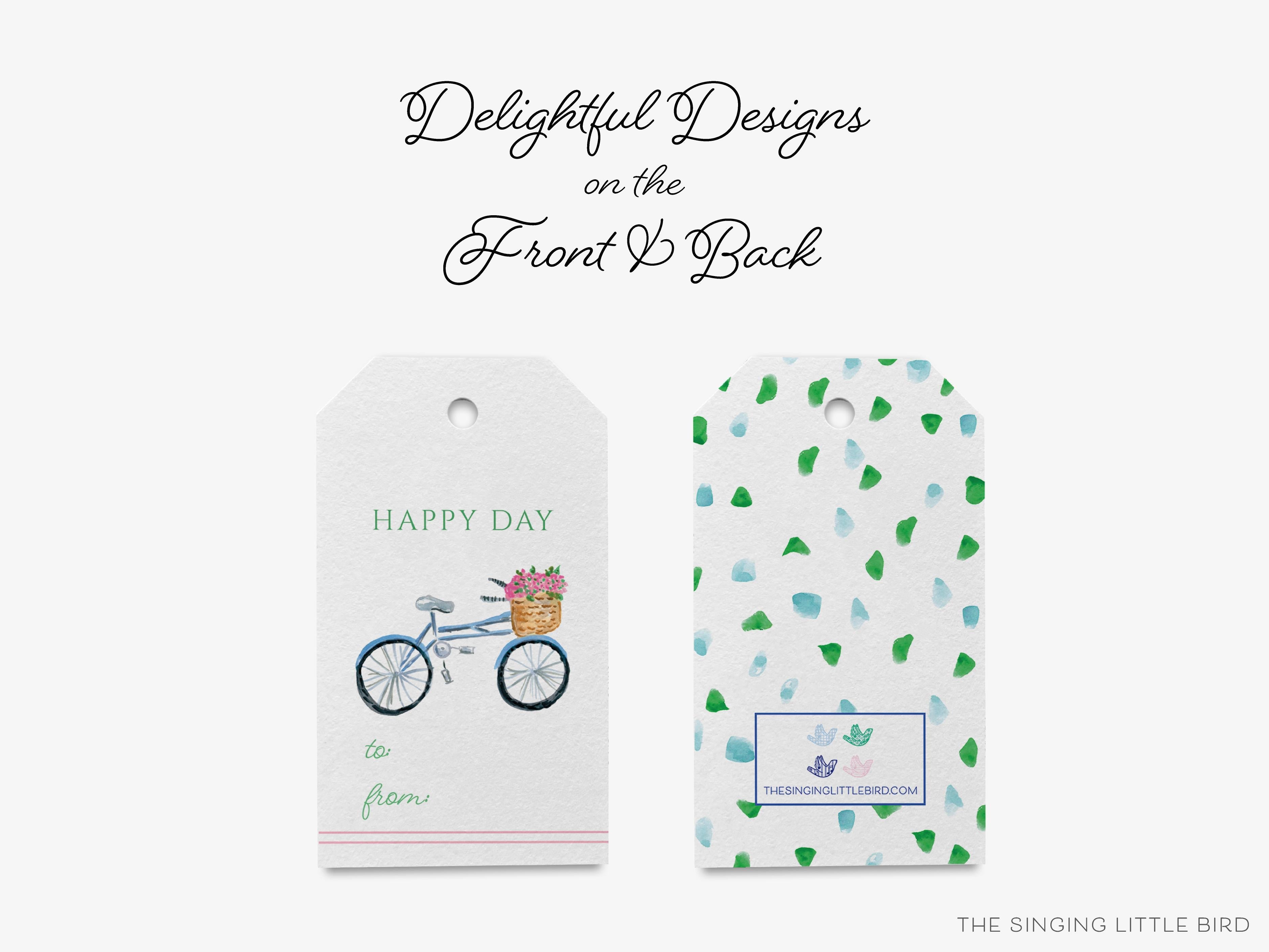 Bicycle Favor Tags [Set of 8]-These gift tags come in sets, hole-punched with white twine and feature our hand-painted watercolor bicycle with basket of flowers, printed in the USA on 120lb textured stock. They make great tags for gifting or gifts for the bike lover in your life.-The Singing Little Bird