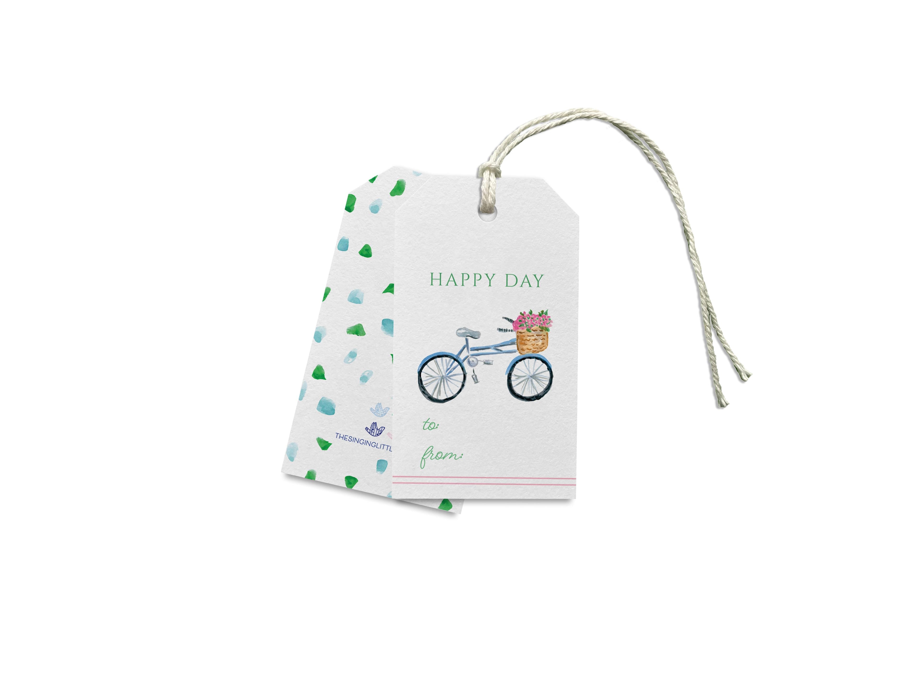 Bicycle Favor Tags [Set of 8]-These gift tags come in sets, hole-punched with white twine and feature our hand-painted watercolor bicycle with basket of flowers, printed in the USA on 120lb textured stock. They make great tags for gifting or gifts for the bike lover in your life.-The Singing Little Bird