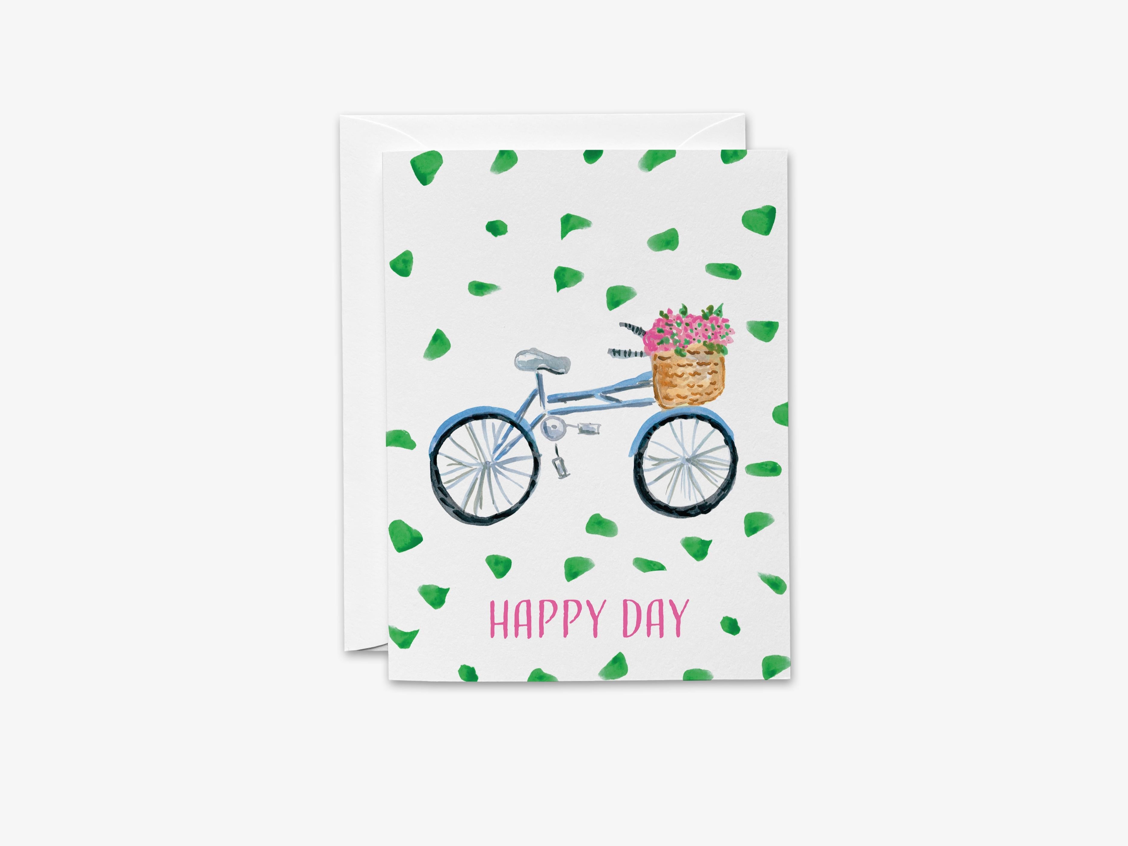 Bicycle Happy Day Greeting Card-These folded greeting cards are 4.25x5.5 and feature our hand-painted bicycle with basket of flowers, printed in the USA on 100lb textured stock. They come with a White envelope and make a great thinking of you card for the bike lover in your life.-The Singing Little Bird