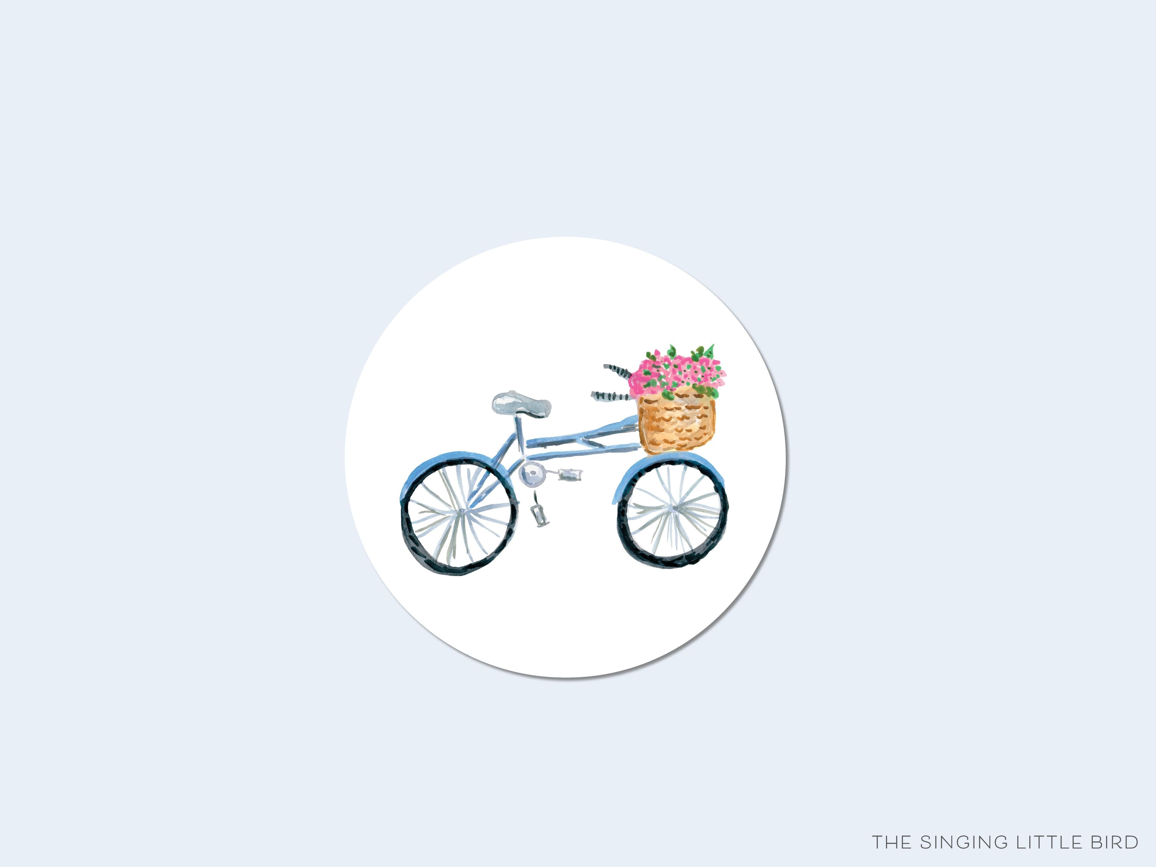 Bicycle with Flower Basket Round Stickers-These matte round stickers feature our hand-painted watercolor bicycle with a basket of flowers, making great envelope seals or gifts for the springtime and bike lover in your life.-The Singing Little Bird