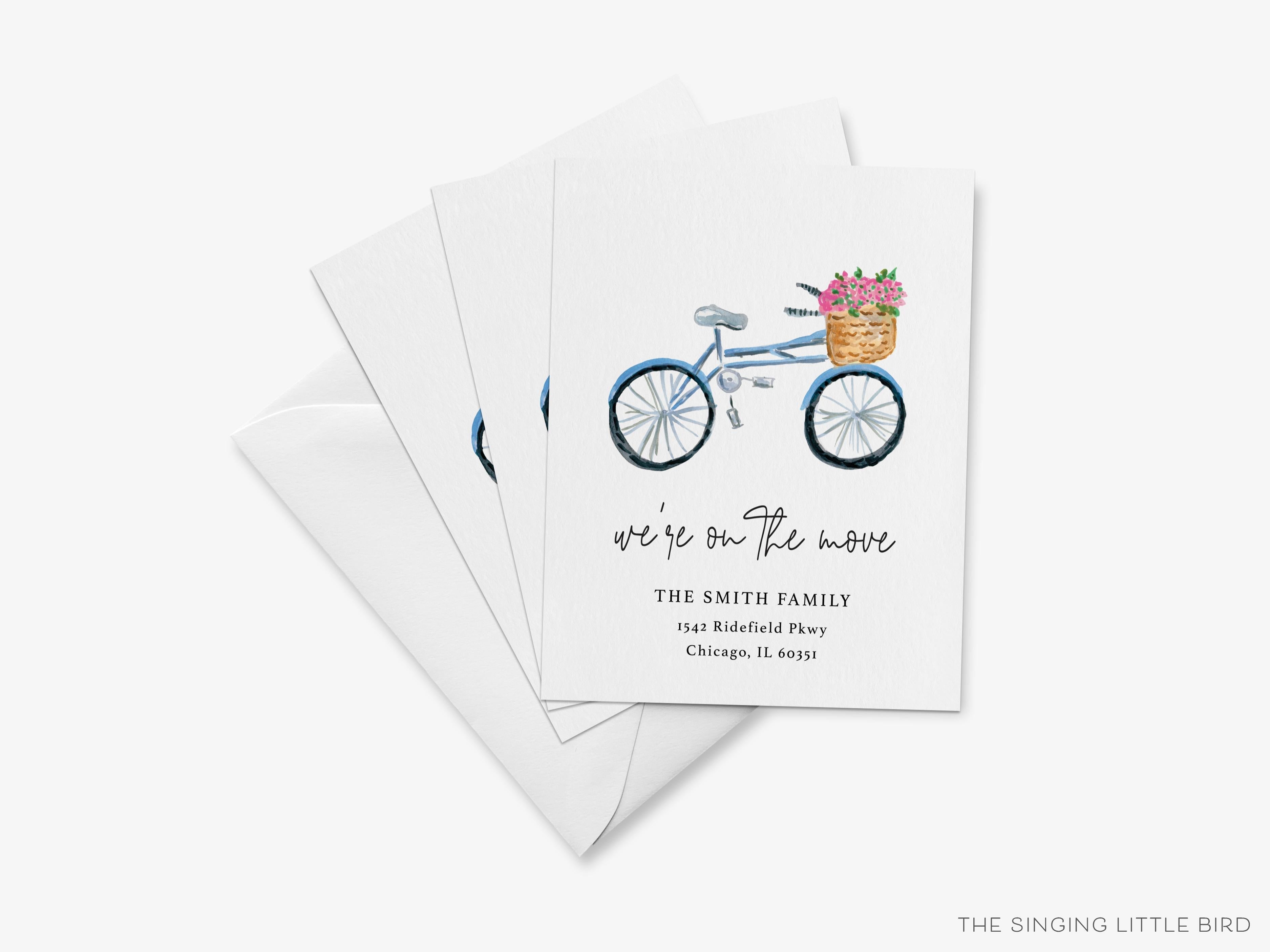 Bicycle with Flowers Moving Announcement-These personalized flat change of address cards are 4.25x5.5 and feature our hand-painted watercolor bicycle with a basket of flowers, printed in the USA on 120lb textured stock. They come with your choice of envelopes and make great moving announcements for the bike lover.-The Singing Little Bird