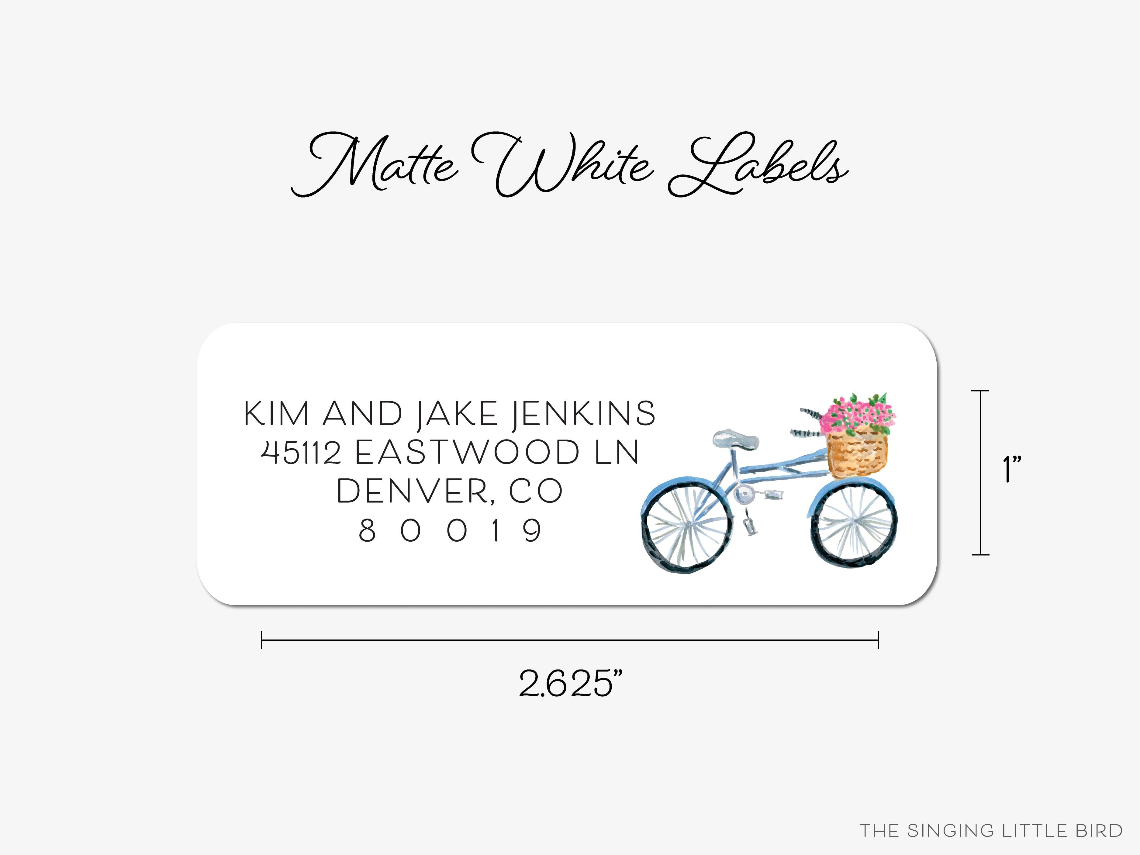 Bicycle with Flowers Return Address Labels-These personalized return address labels are 2.625" x 1" and feature our hand-painted watercolor bicycle with a basket of flowers, printed in the USA on beautiful matte finish labels. These make great gifts for yourself or the bike lover.-The Singing Little Bird