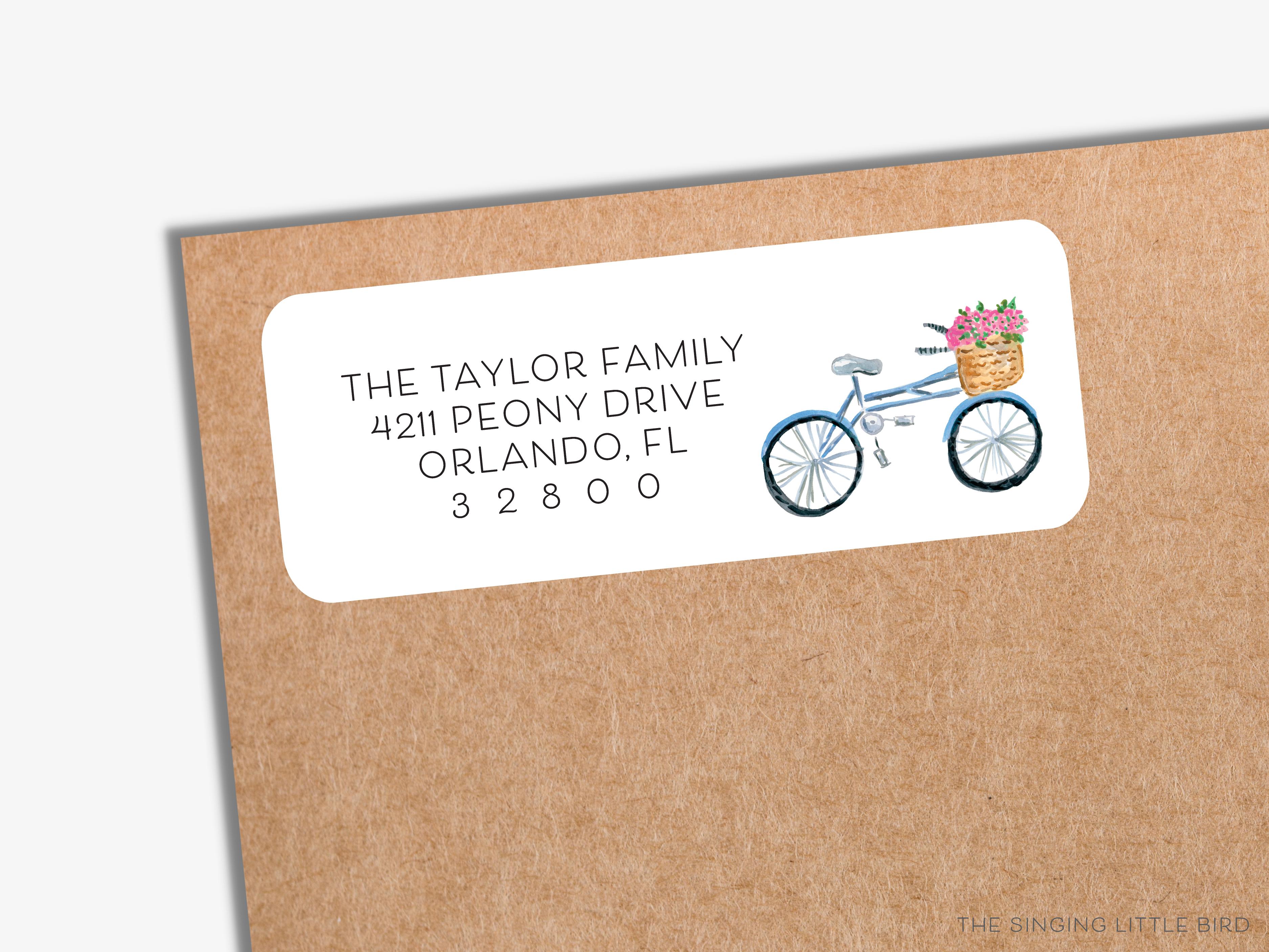 Bicycle with Flowers Return Address Labels-These personalized return address labels are 2.625" x 1" and feature our hand-painted watercolor bicycle with a basket of flowers, printed in the USA on beautiful matte finish labels. These make great gifts for yourself or the bike lover.-The Singing Little Bird