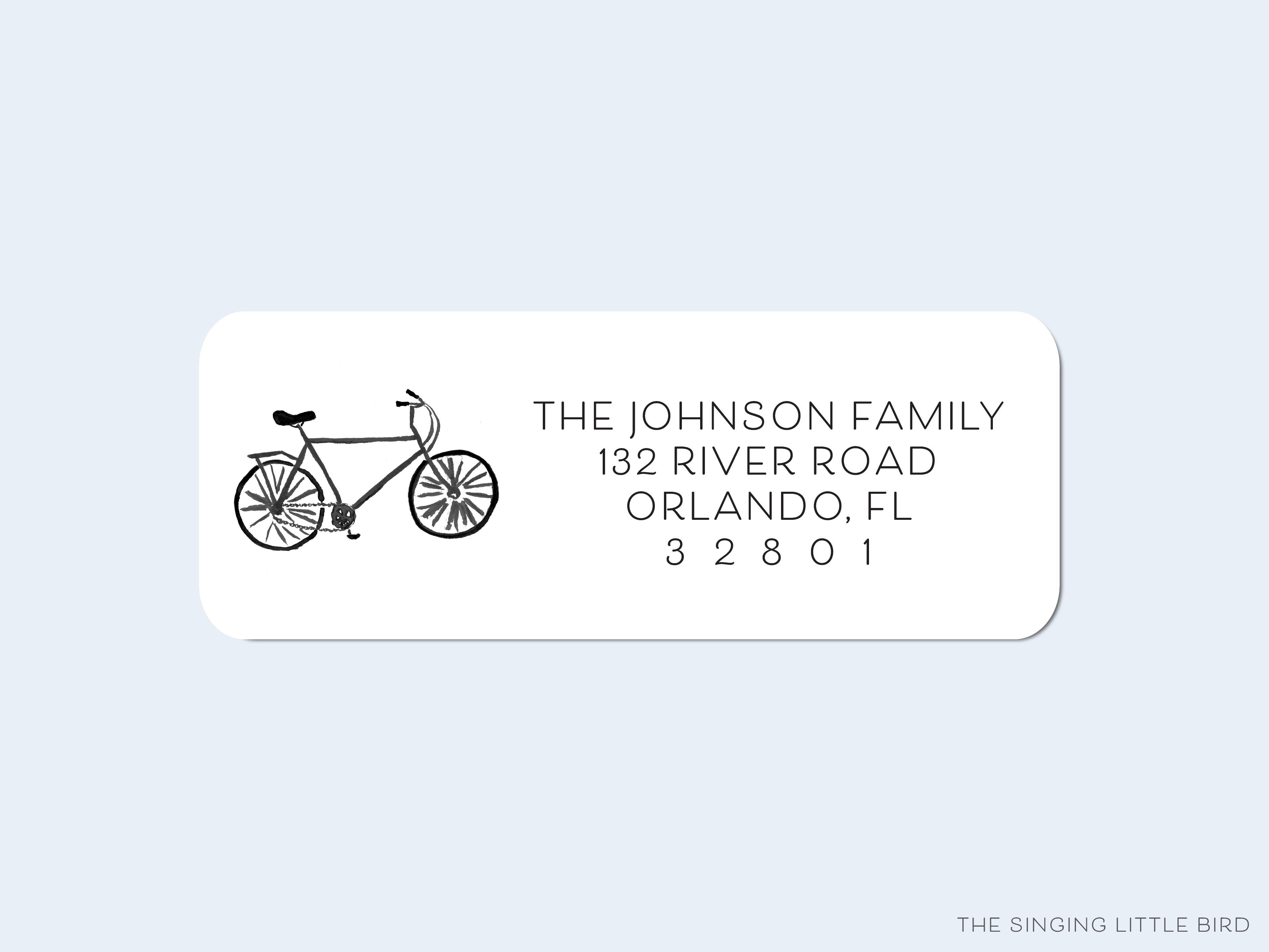 Black Bicycle Return Address Labels-These personalized return address labels are 2.625" x 1" and feature our hand-painted watercolor bicycle, printed in the USA on beautiful matte finish labels. These make great gifts for yourself or the bike lover.-The Singing Little Bird