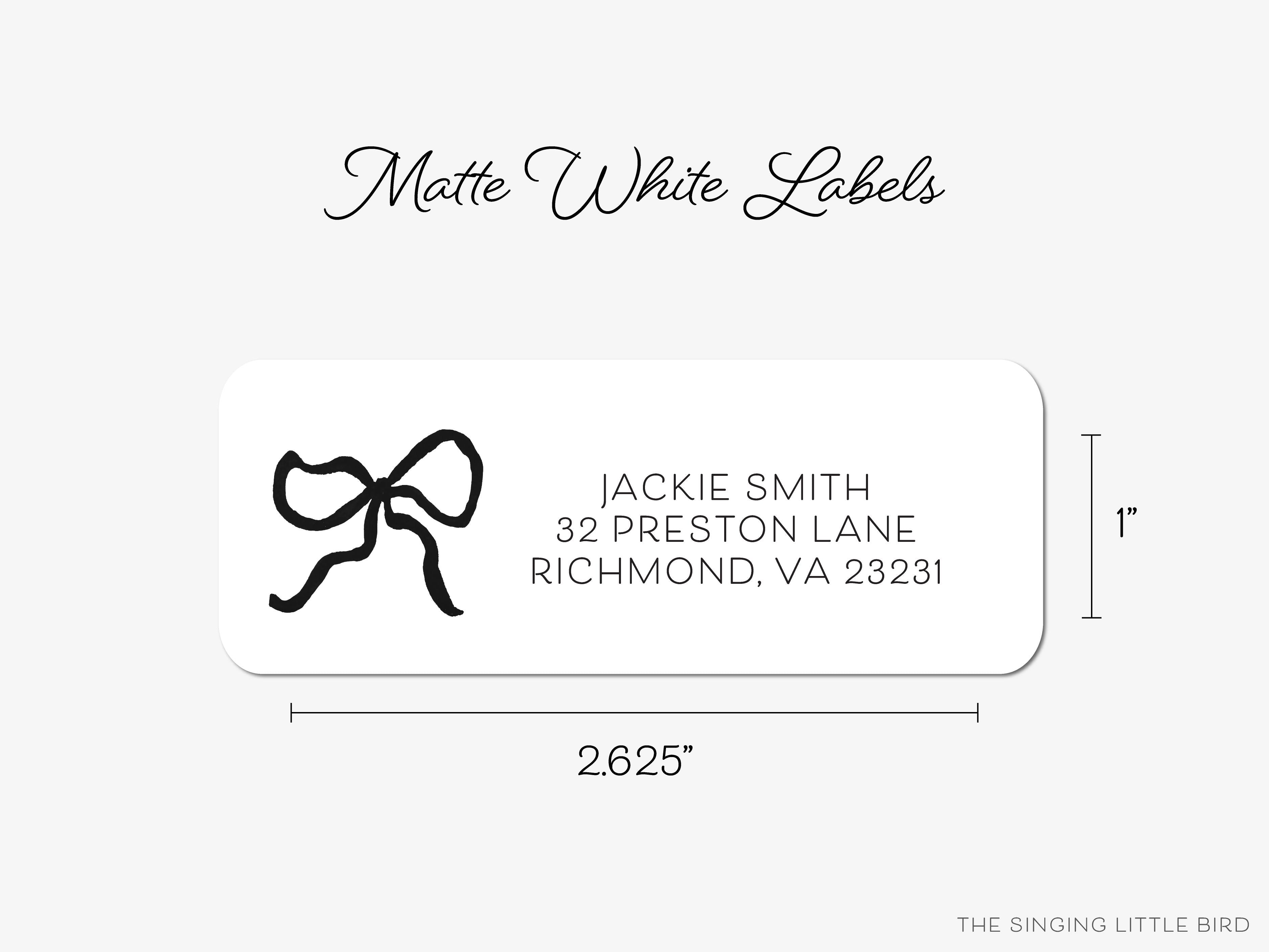 Black Bow Return Address Labels-These personalized return address labels are 2.625" x 1" and feature our hand-painted watercolor bow, printed in the USA on beautiful matte finish labels. These make great gifts for yourself or the bow lover.-The Singing Little Bird