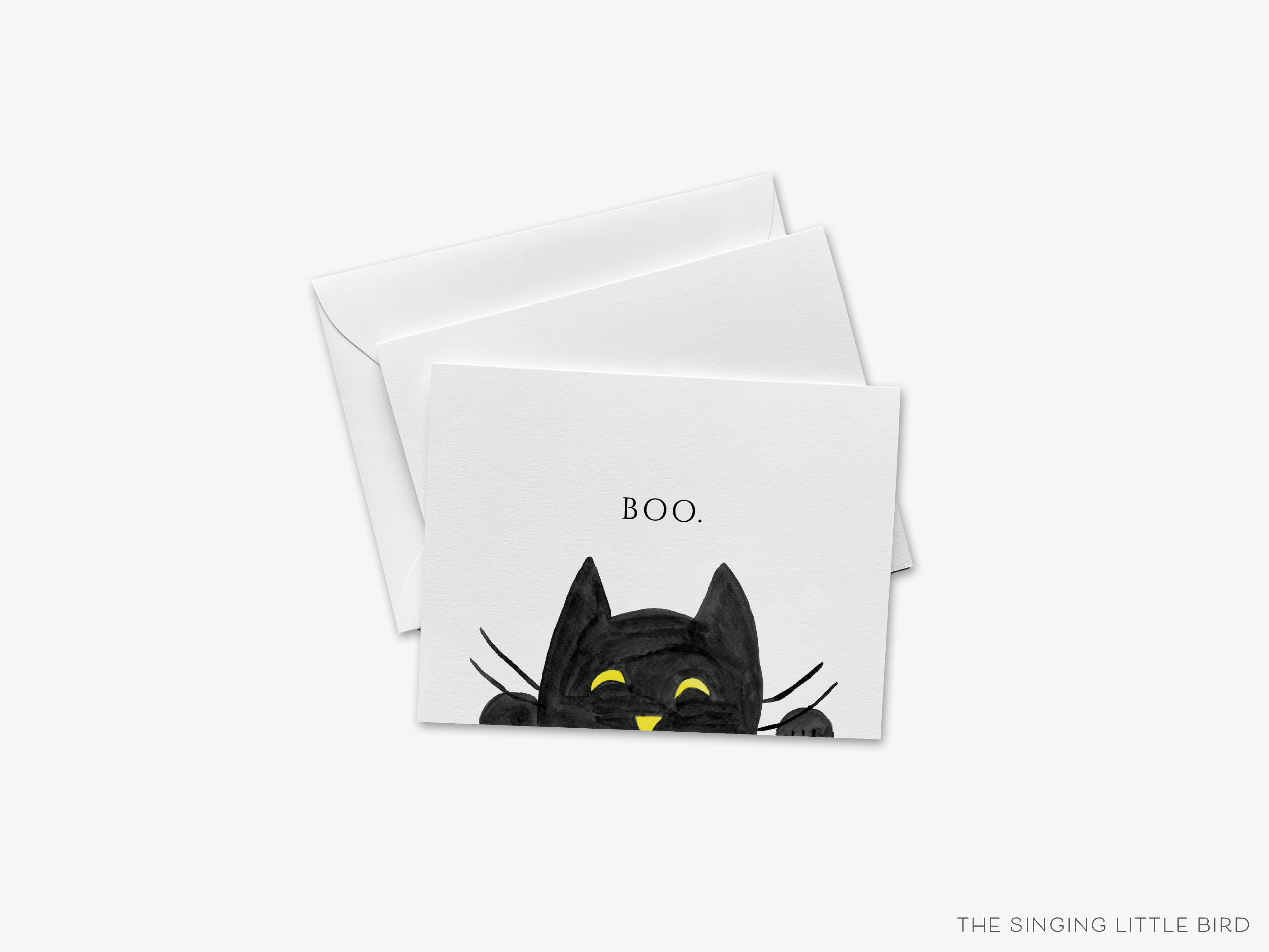 Black Cat Boo Greeting Card-These folded greeting cards are 4.25x5.5 and feature our hand-painted black cat, printed in the USA on 100lb textured stock. They come with a White envelope and make a great Halloween card for the cat lover in your life.-The Singing Little Bird