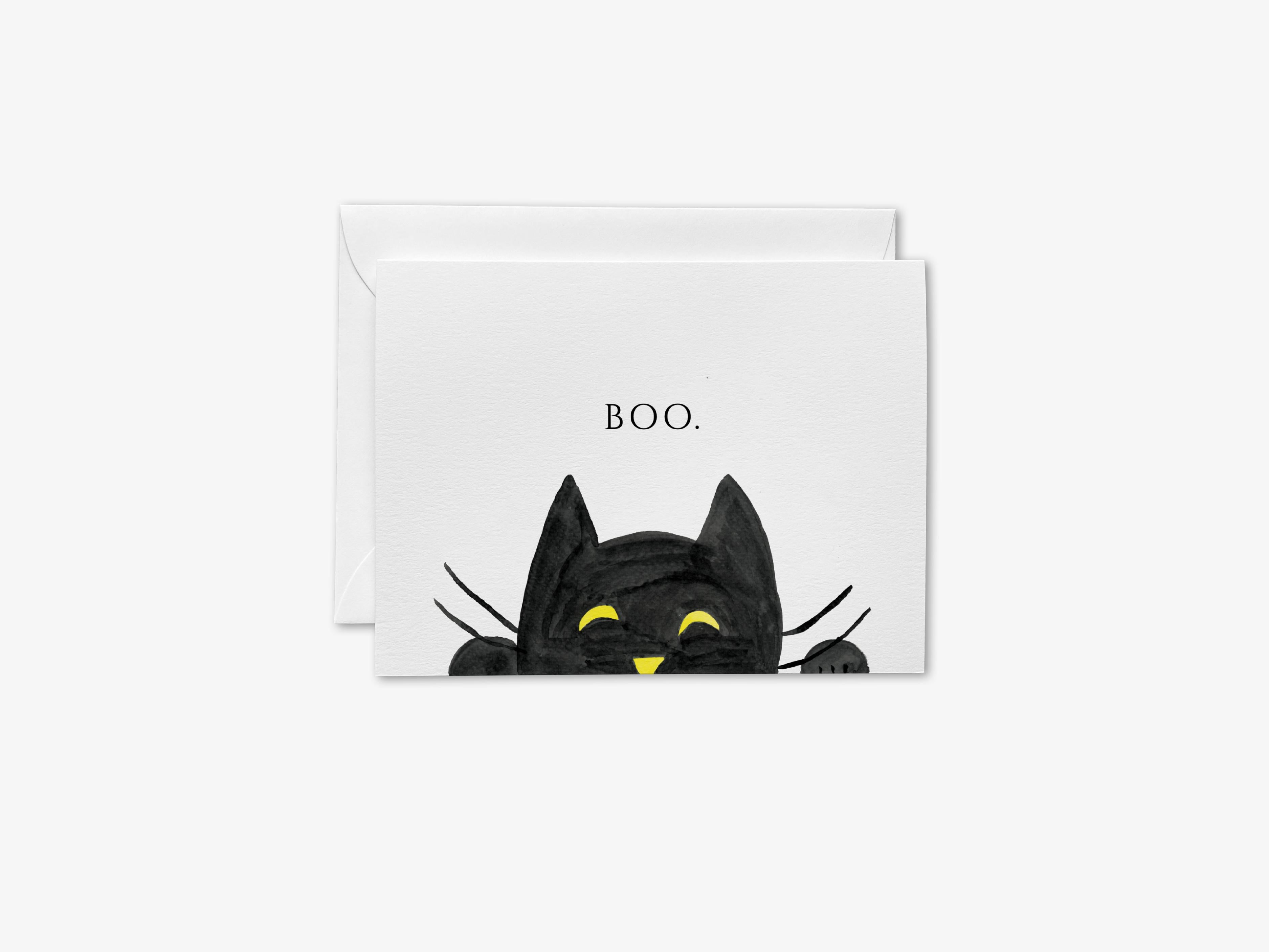 Black Cat Boo Greeting Card-These folded greeting cards are 4.25x5.5 and feature our hand-painted black cat, printed in the USA on 100lb textured stock. They come with a White envelope and make a great Halloween card for the cat lover in your life.-The Singing Little Bird