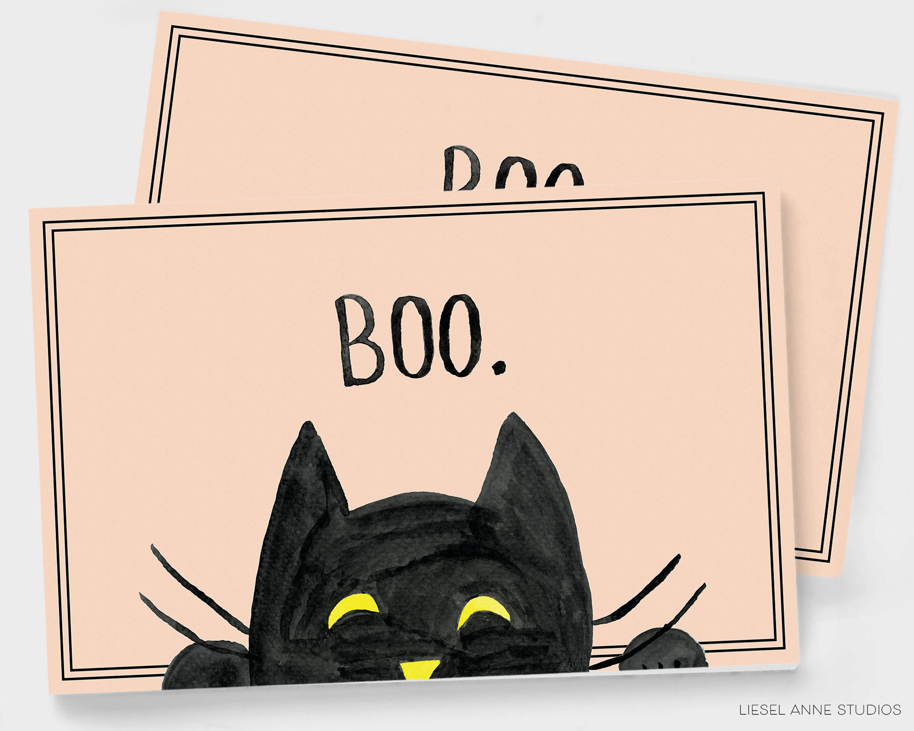 Black Cat Boo Placemat Pad-These placemat pads feature our hand-painted watercolor cat, printed in the USA on a beautiful smooth stock. They add a touch of charm and convenience to any table setting and party decor. A great gift for the spooky lover in your life.-The Singing Little Bird