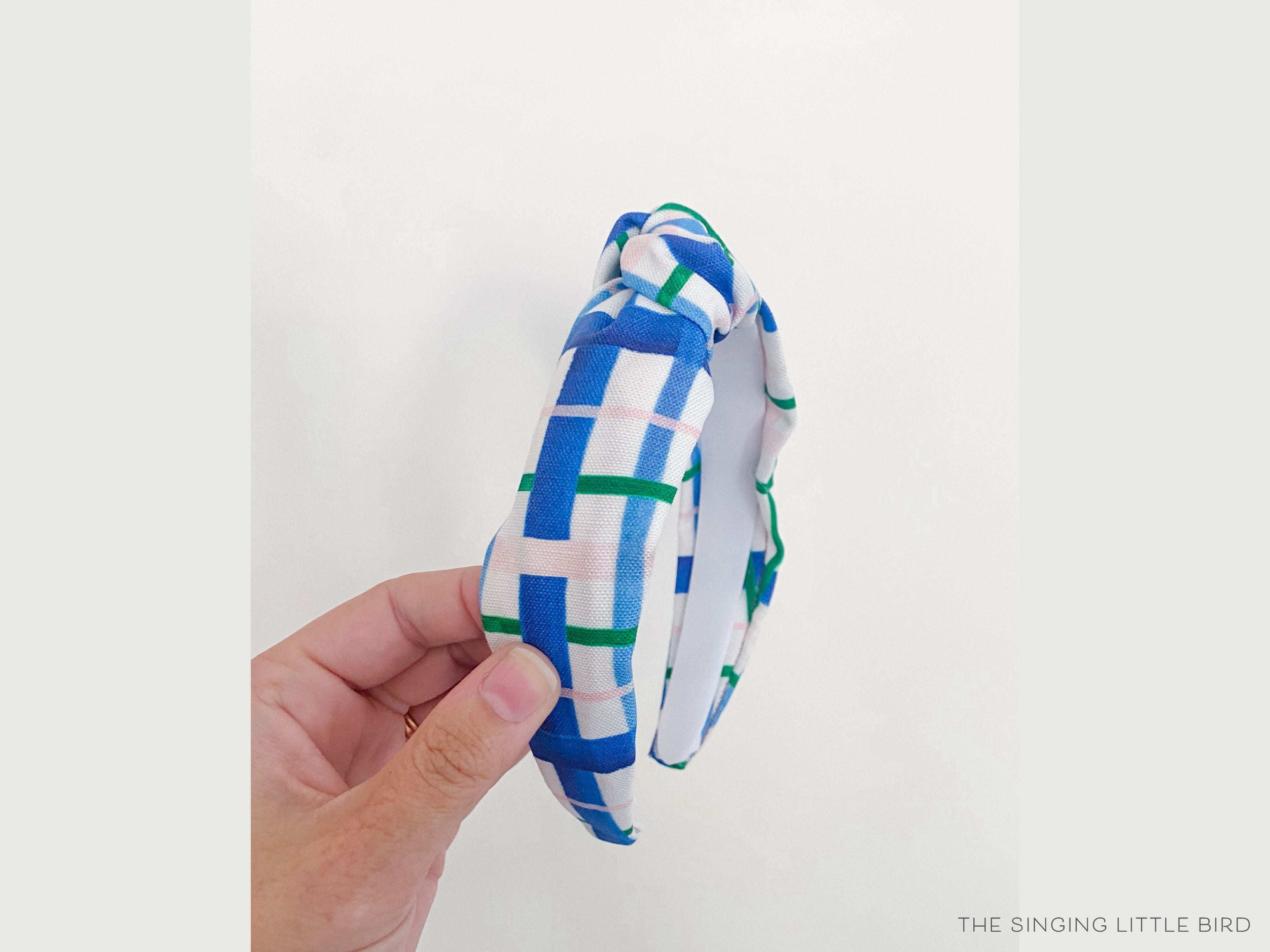 Blue, Green and Pink Plaid Top Knot Headband-These fabric headbands make unique one-of-a-kind gifts as each one is slightly different. They are cut from our hand-painted signature print. These are the perfect accessory and make great gifts!-The Singing Little Bird