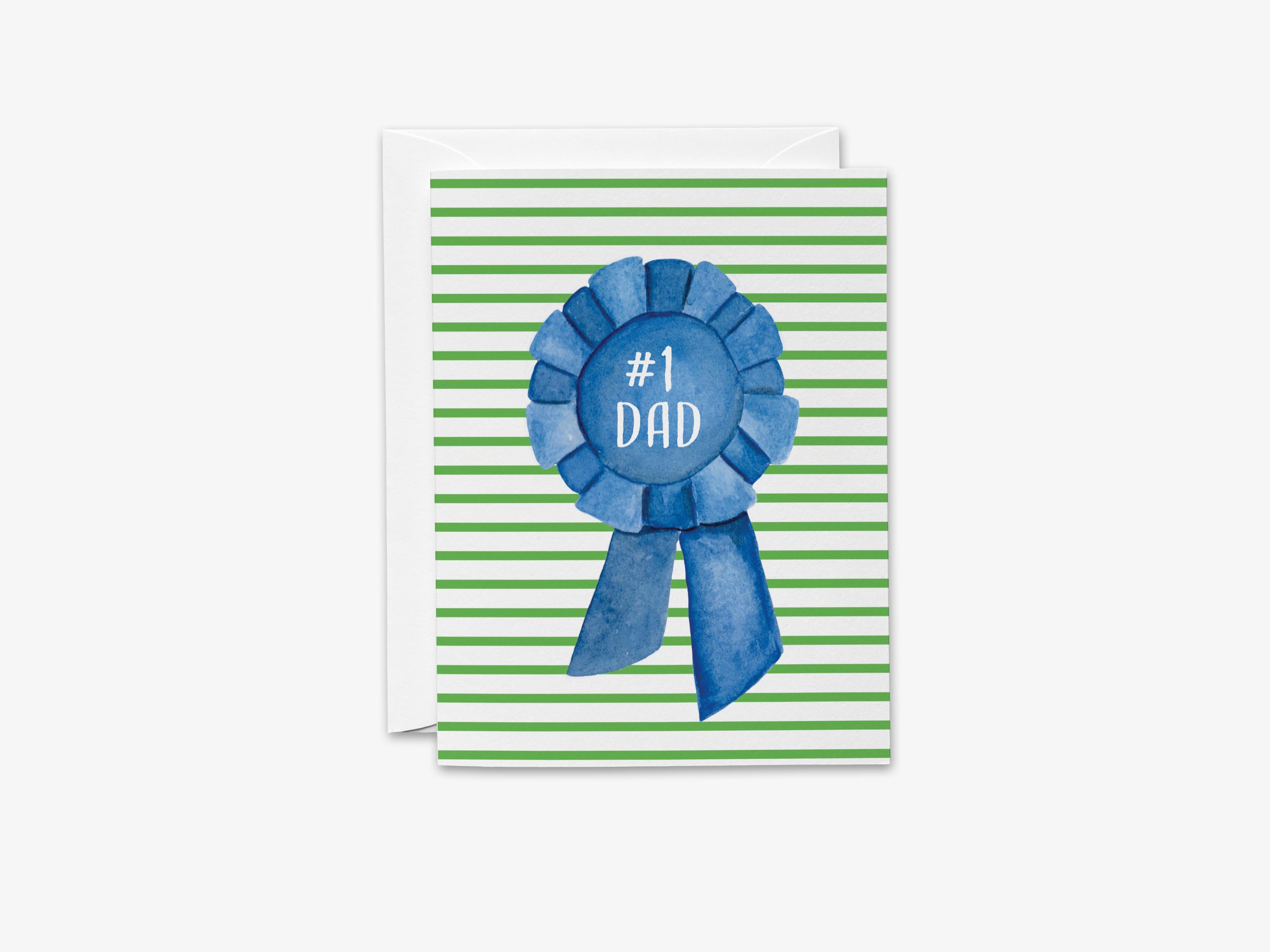 Blue Ribbon #1 Dad Card-These folded greeting cards are 4.25x5.5 and feature our hand-painted blue ribbon, printed in the USA on 100lb textured stock. They come with a White envelope and make a great card for the dad in your life.-The Singing Little Bird