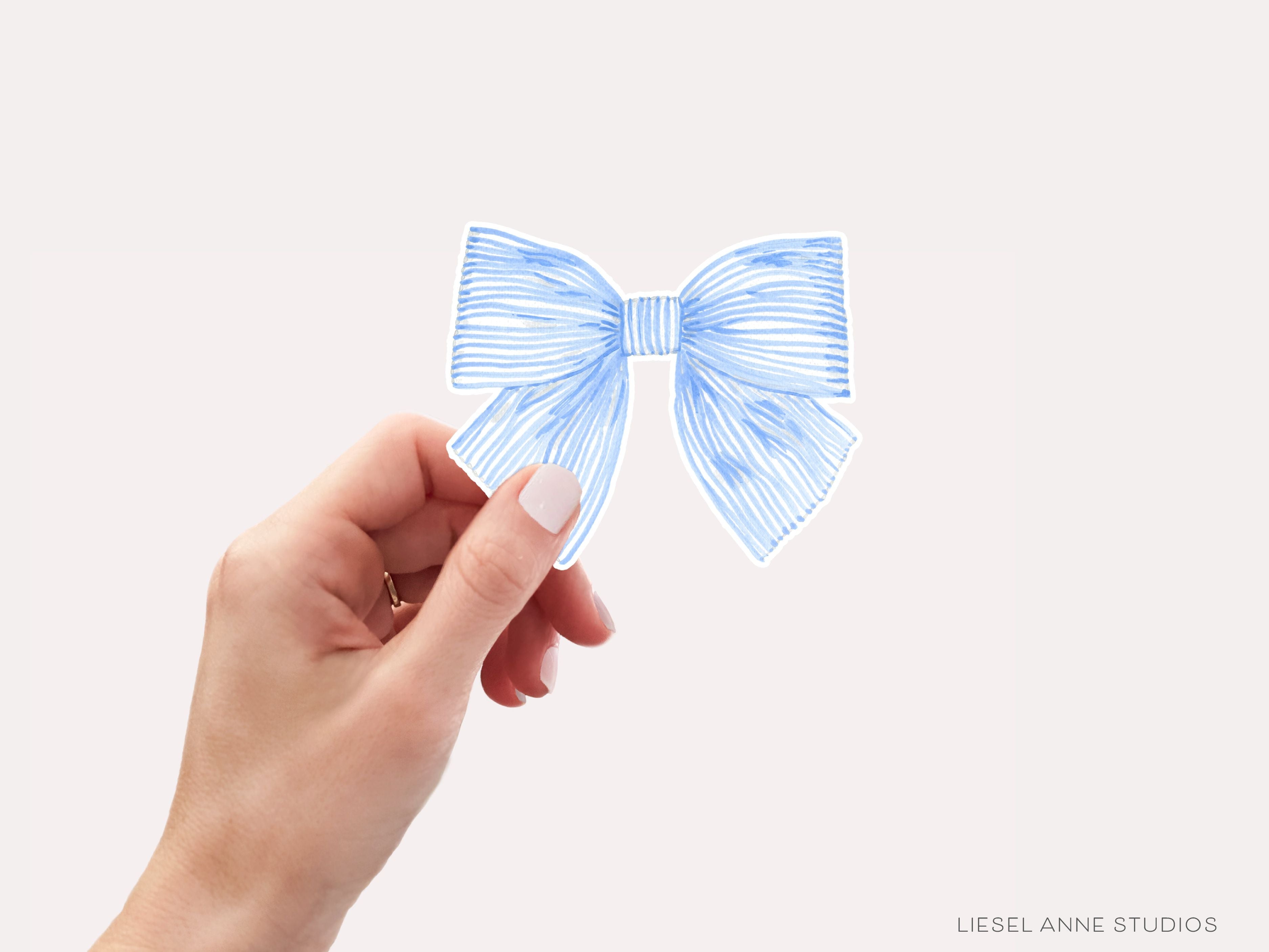 Blue Striped Bow Vinyl Sticker-These weatherproof die cut stickers feature our hand-painted watercolor striped blue bow, making great laptop or water bottle stickers or gifts for the bow lover in your life.-The Singing Little Bird