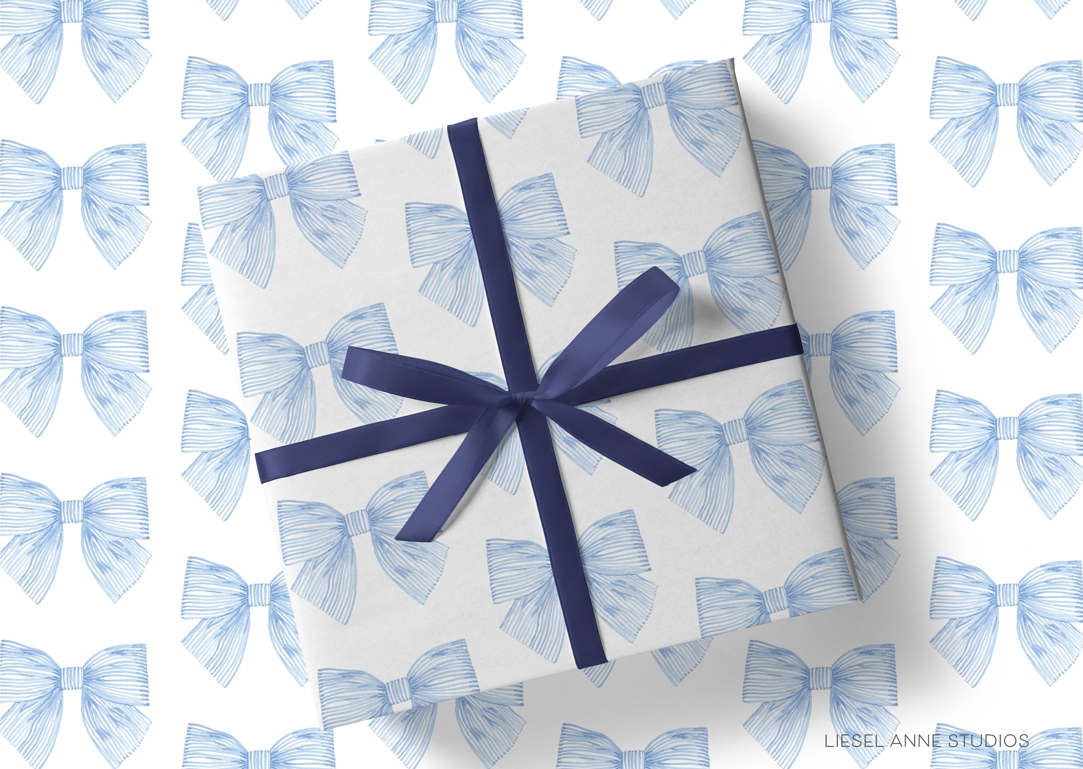 Blue Striped Bows Gift Wrap-This matte finish gift wrap features our hand painted watercolor light blue striped bows, making a perfect wrapping paper for a birthday, baby shower or wedding shower.-The Singing Little Bird