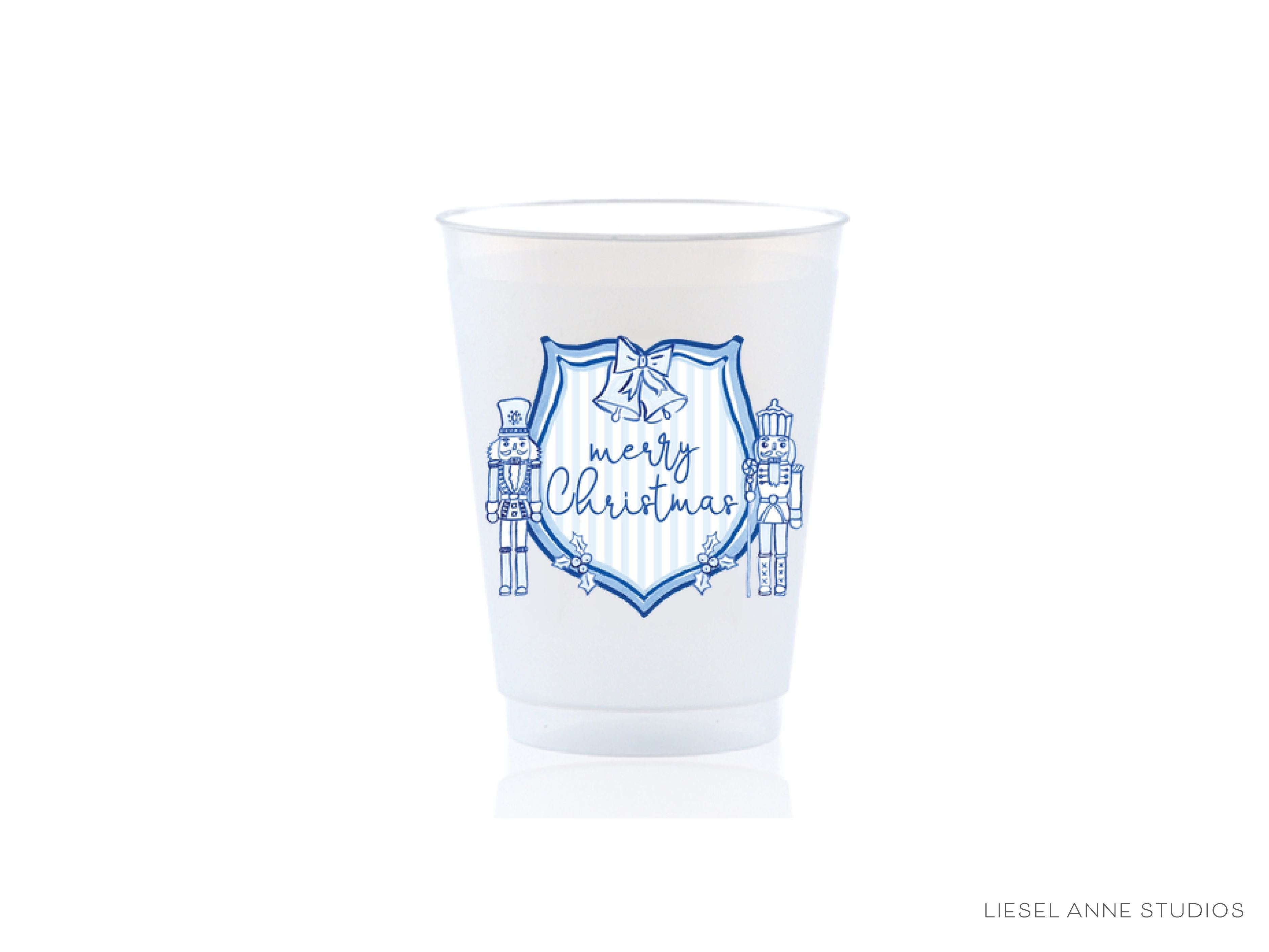 Blue & White Christmas Crest 16oz Shatterproof Cups [Set of 8]-These shatterproof cups feature our hand-painted preppy Blue & White Christmas Crest design and make great party decorations for your holiday gatherings, christmas parties, christmas cookie bake offs and more! They come in sets of 8 and are re-usable for other parties to come or make wonderful party favors!-The Singing Little Bird