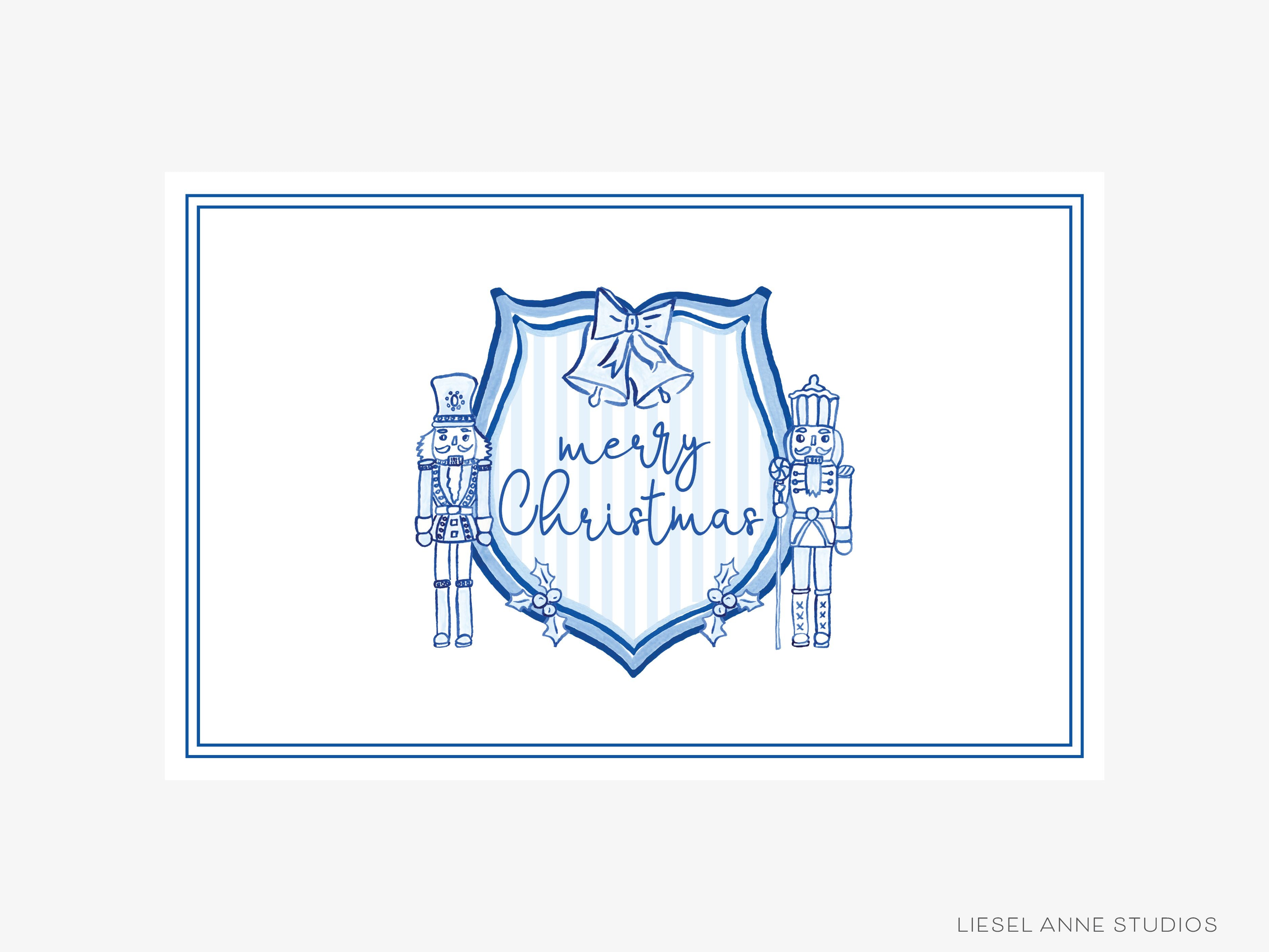 Blue & White Christmas Crest Paper Placemat Pad-These placemat pads feature our hand-painted watercolor nutcracker Christmas Crest, printed in the USA on a beautiful smooth stock. They add a touch of charm and convenience to any holiday table setting and party decor. A great gift for the Nutcracker lover in your life.-The Singing Little Bird