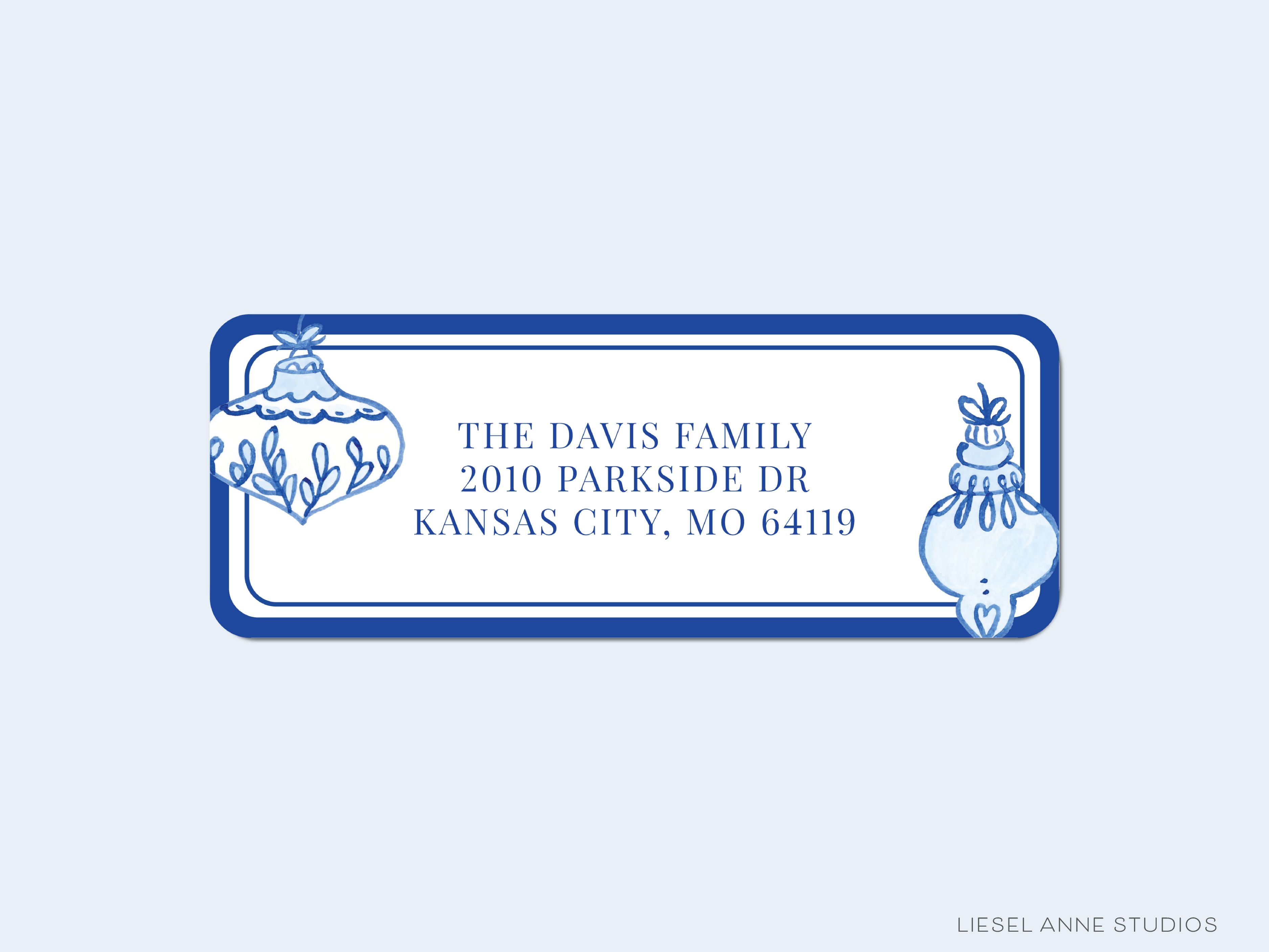 Blue & White Christmas Ornament Return Address Labels-These personalized return address labels are 2.625" x 1" and feature our hand-painted watercolor blue and white Christmas Ornaments, printed in the USA on beautiful matte finish labels. These make great gifts for yourself or the Christmas lover.-The Singing Little Bird