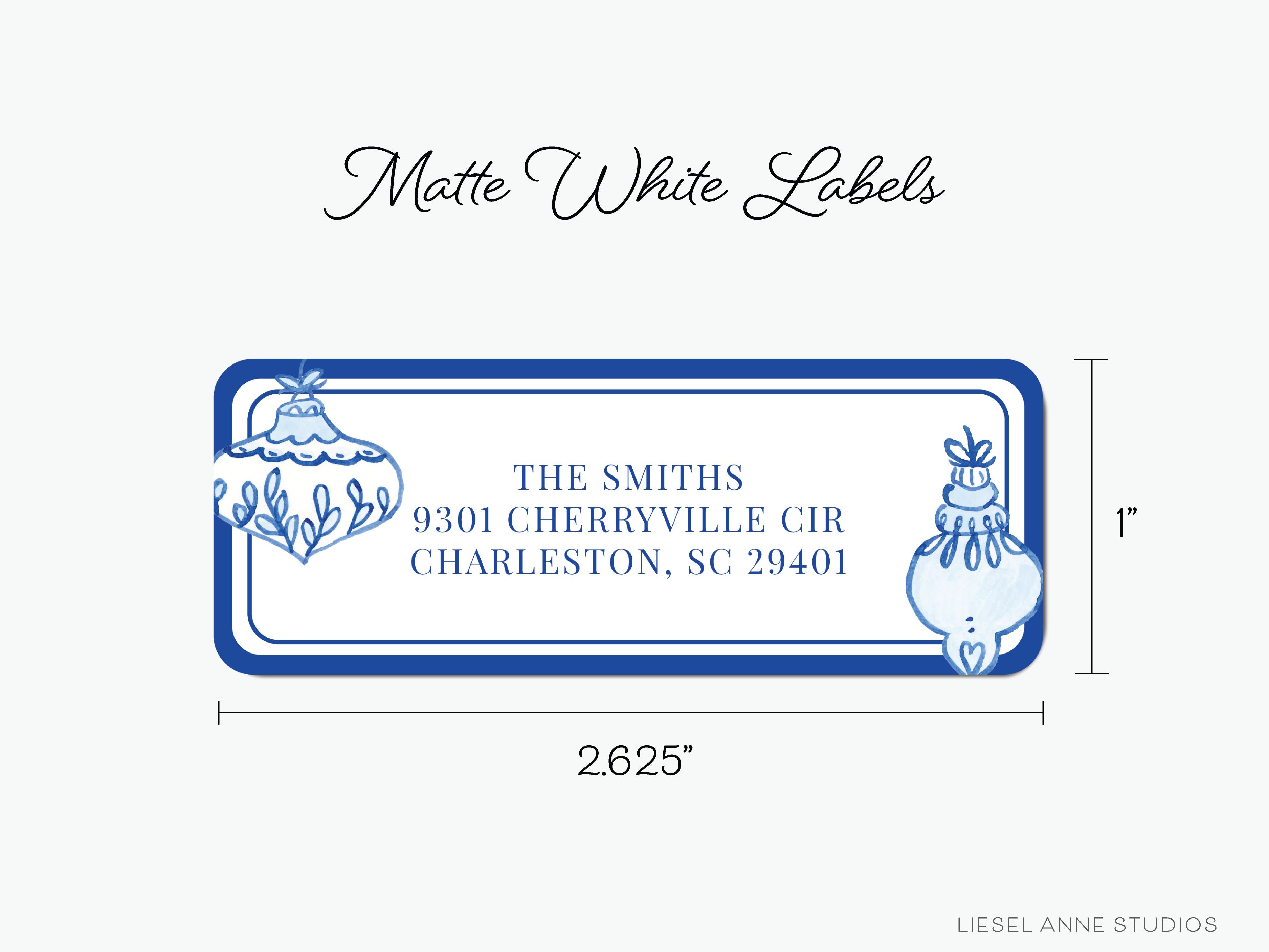 Blue & White Christmas Ornament Return Address Labels-These personalized return address labels are 2.625" x 1" and feature our hand-painted watercolor blue and white Christmas Ornaments, printed in the USA on beautiful matte finish labels. These make great gifts for yourself or the Christmas lover.-The Singing Little Bird