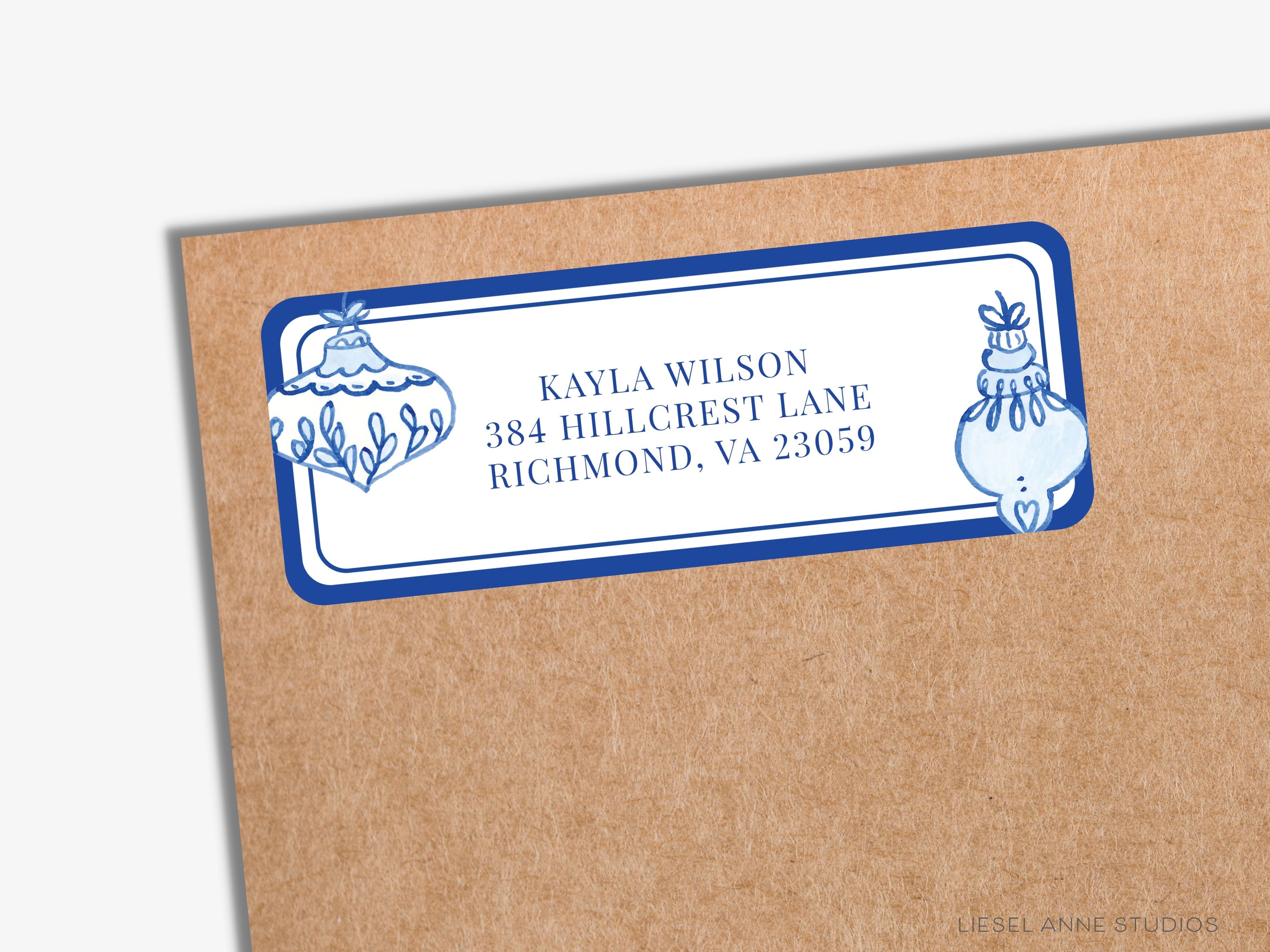 Blue & White Christmas Ornament Return Address Labels-These personalized return address labels are 2.625" x 1" and feature our hand-painted watercolor blue and white Christmas Ornaments, printed in the USA on beautiful matte finish labels. These make great gifts for yourself or the Christmas lover.-The Singing Little Bird