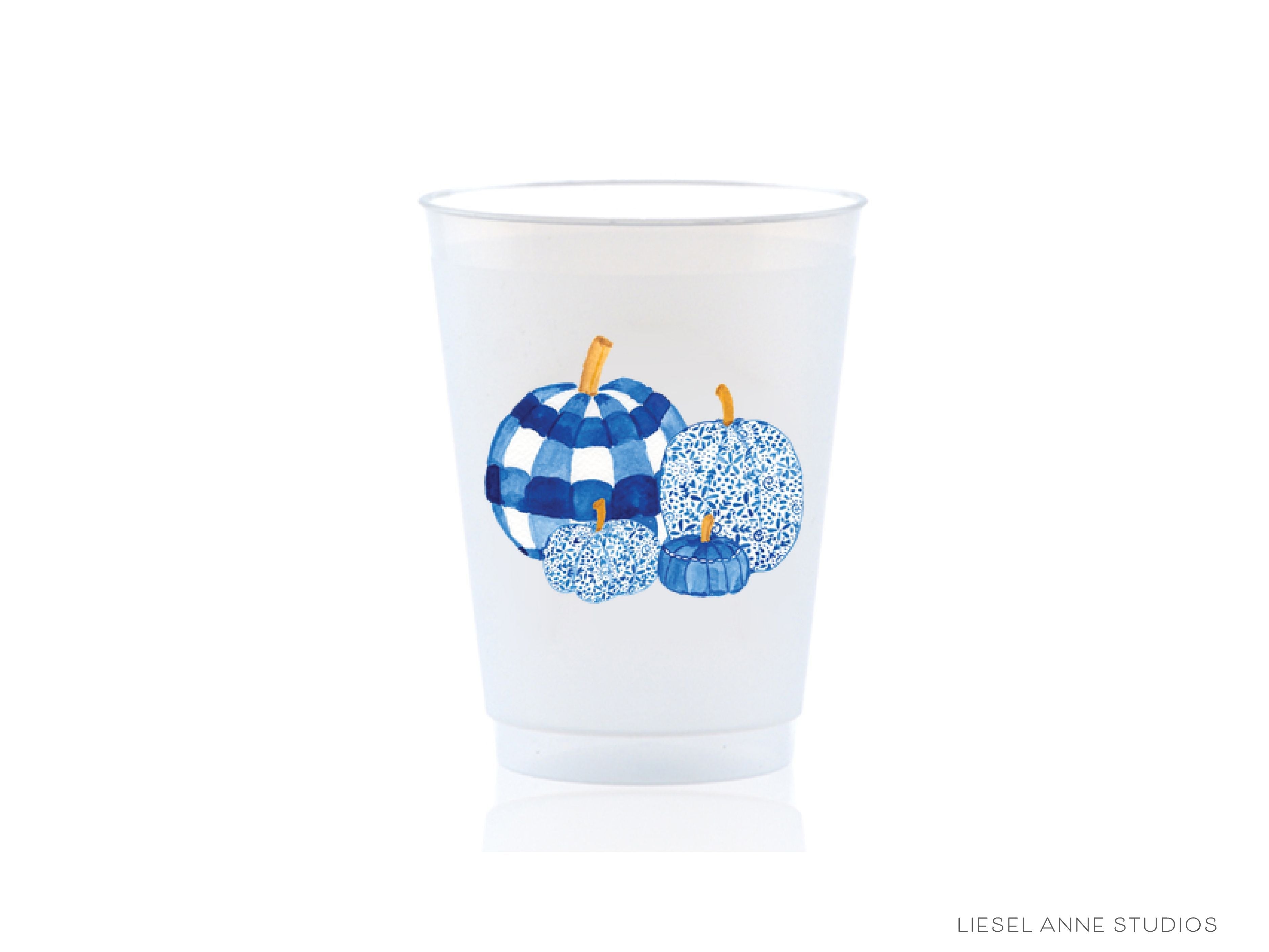 Blue & White Pumpkin 16oz Shatterproof Cups [Set of 8]-These shatterproof cups feature our hand-painted preppy Blue & White Pumpkins and make great party decorations for your fall gatherings, halloween parties, octoberfests, cook outs and more! They come in sets of 8 and are re-usable for other parties to come or make wonderful party favors!-The Singing Little Bird