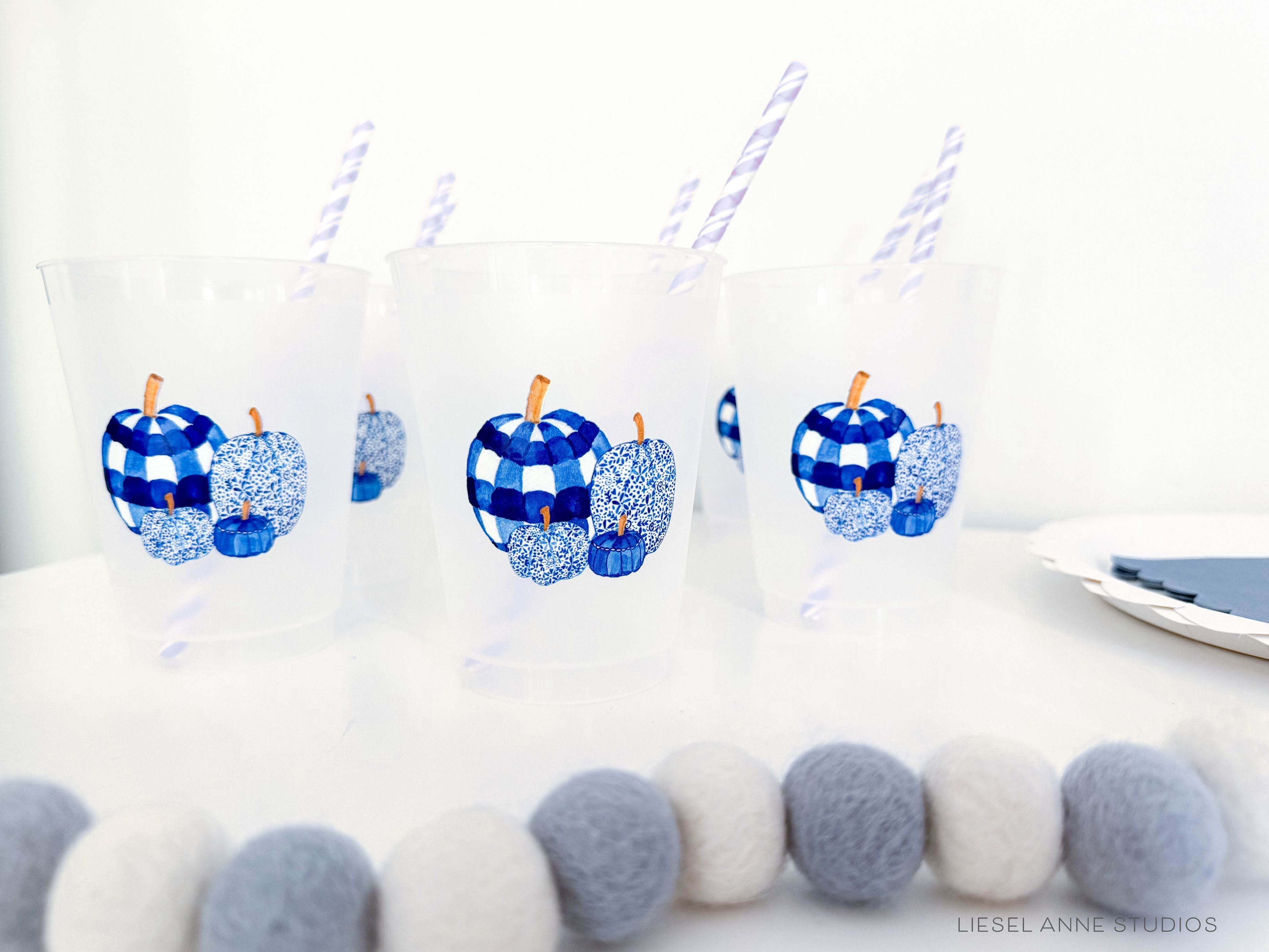 Blue & White Pumpkin 16oz Shatterproof Cups [Set of 8]-These shatterproof cups feature our hand-painted preppy Blue & White Pumpkins and make great party decorations for your fall gatherings, halloween parties, octoberfests, cook outs and more! They come in sets of 8 and are re-usable for other parties to come or make wonderful party favors!-The Singing Little Bird