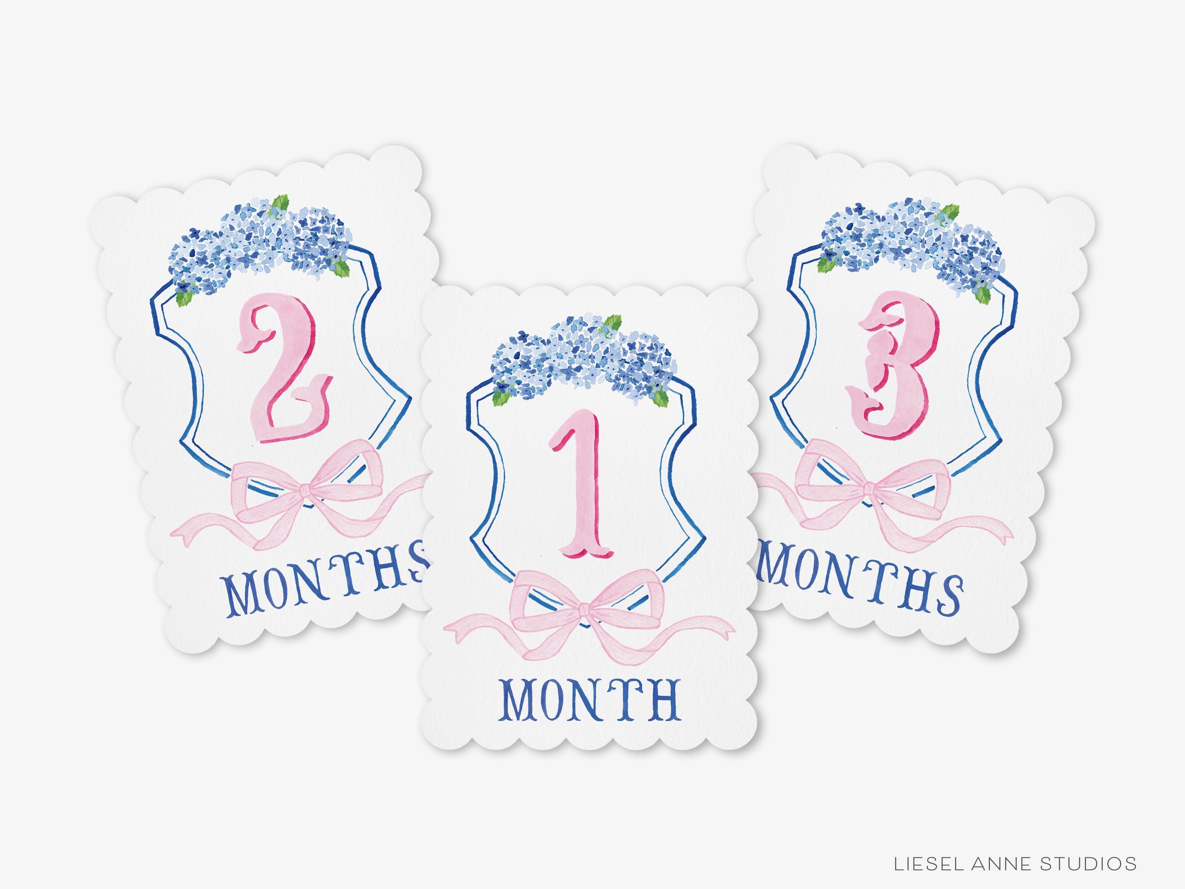 Blue and Pink Crest Scalloped Monthly Milestone Cards-These scalloped flat notecards are 5x7 and feature our hand-painted watercolor Hydrangea crest and pink bow and monthly milestone tracker, printed in the USA on 120lb textured stock. They make the perfect way to remember your baby's first year of milestones!-The Singing Little Bird