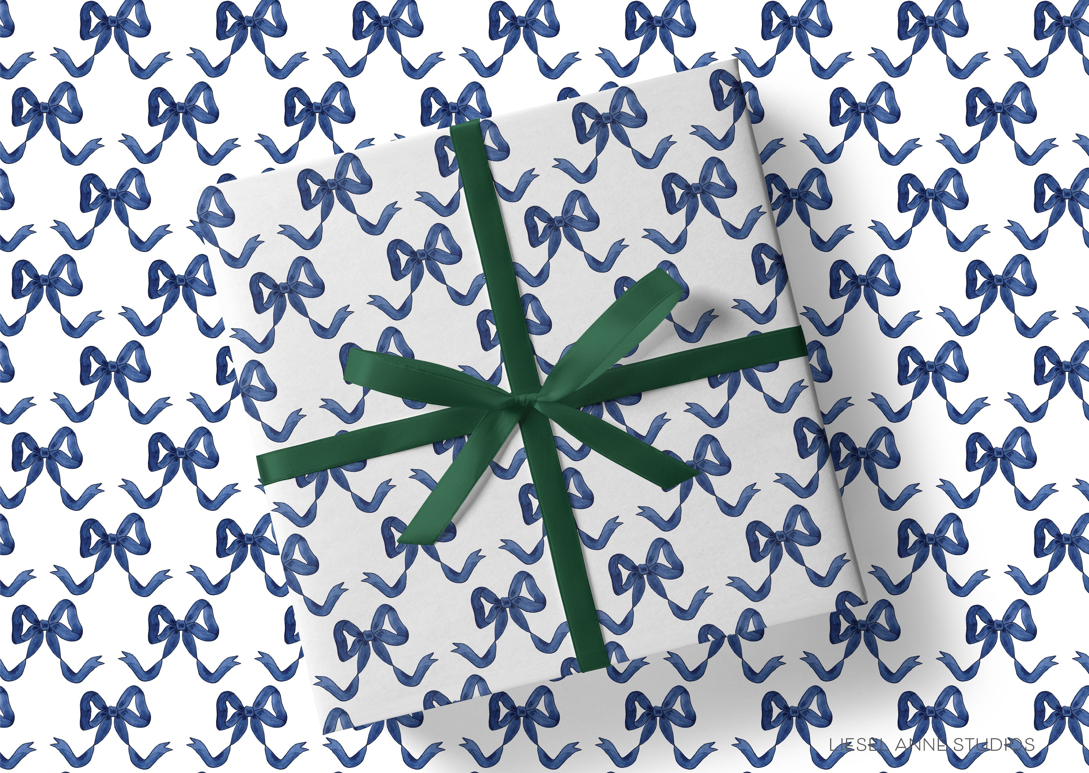 Blue and White Bow Gift Wrap-This matte finish gift wrap features our hand painted watercolor navy blue bows, making a perfect wrapping paper for a birthday, baby shower or wedding shower.-The Singing Little Bird