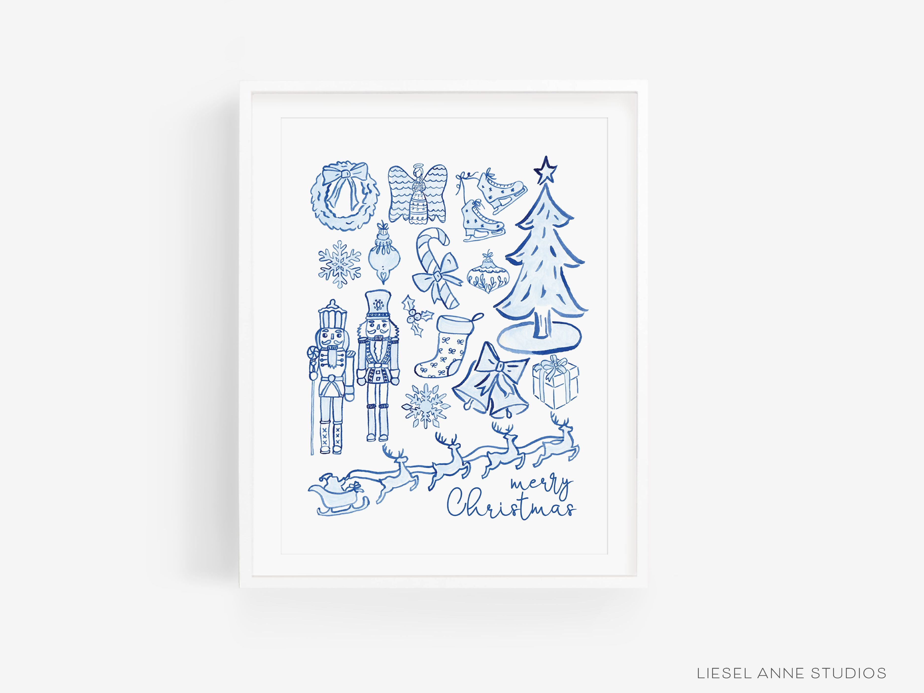 Blue and White Christmas Art Print-This watercolor art print features our hand-painted blue and white Christmas toile, printed in the USA on 120lb high quality art paper. This makes a great gift or wall decor for the holiday lover in your life.-The Singing Little Bird