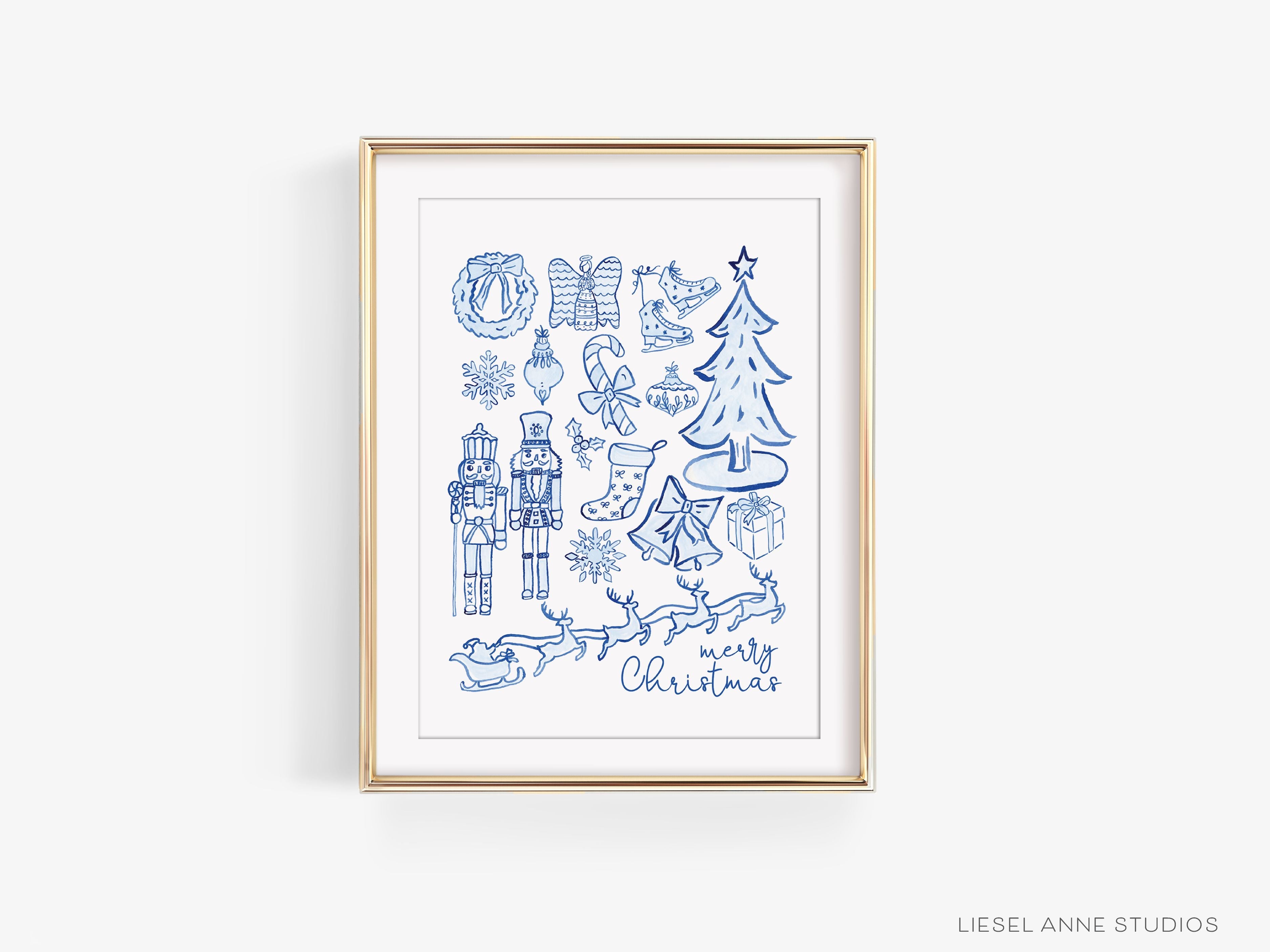 Blue and White Christmas Art Print-This watercolor art print features our hand-painted blue and white Christmas toile, printed in the USA on 120lb high quality art paper. This makes a great gift or wall decor for the holiday lover in your life.-The Singing Little Bird