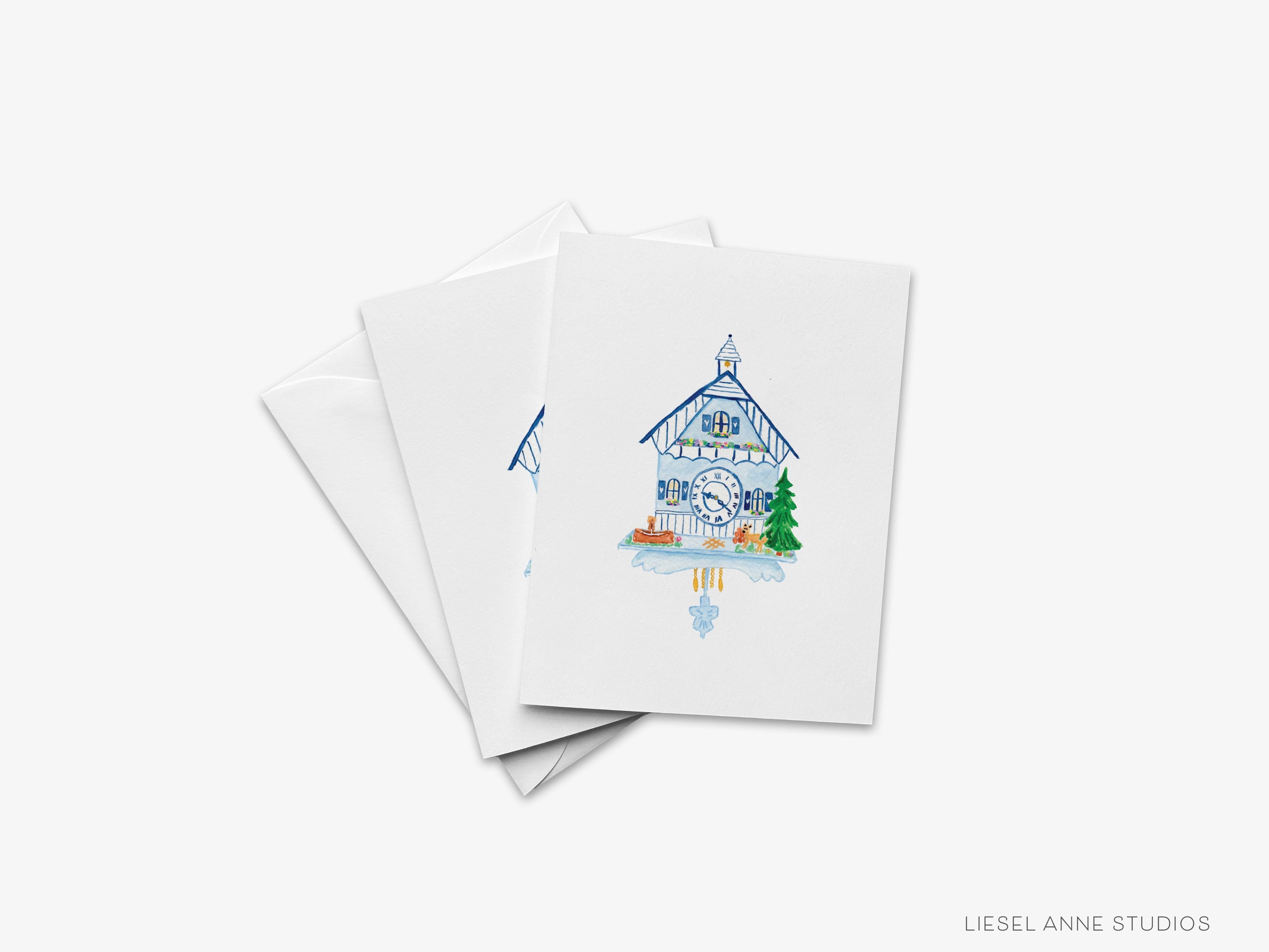 Blue and White Cuckoo Clock Greeting Card-These folded greeting cards are 4.25x5.5 and feature our hand-painted cuckoo clock, printed in the USA on 100lb textured stock. They come with a White envelope and make a great any occasion card for the clock lover in your life.-The Singing Little Bird