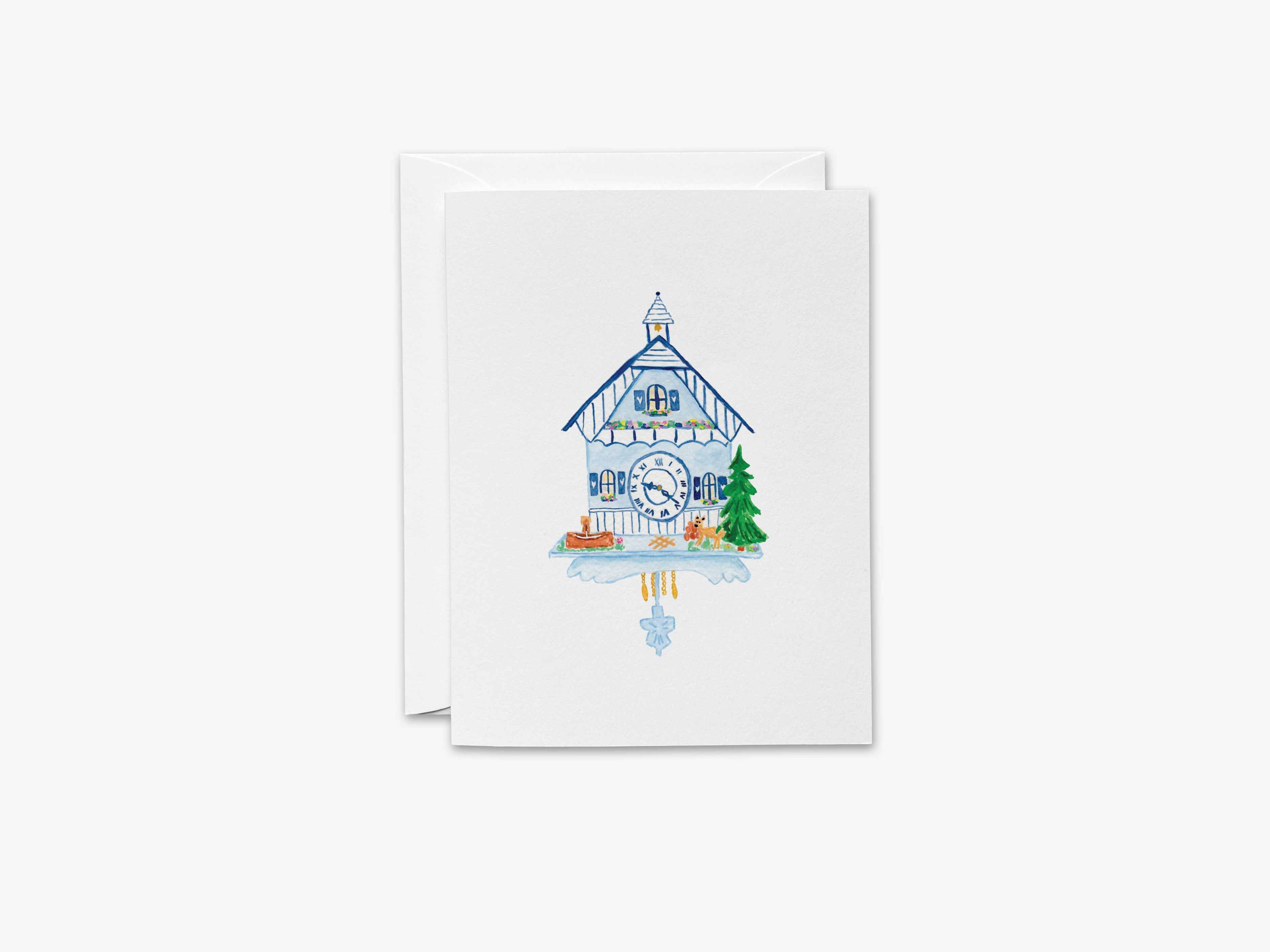 Blue and White Cuckoo Clock Greeting Card-These folded greeting cards are 4.25x5.5 and feature our hand-painted cuckoo clock, printed in the USA on 100lb textured stock. They come with a White envelope and make a great any occasion card for the clock lover in your life.-The Singing Little Bird