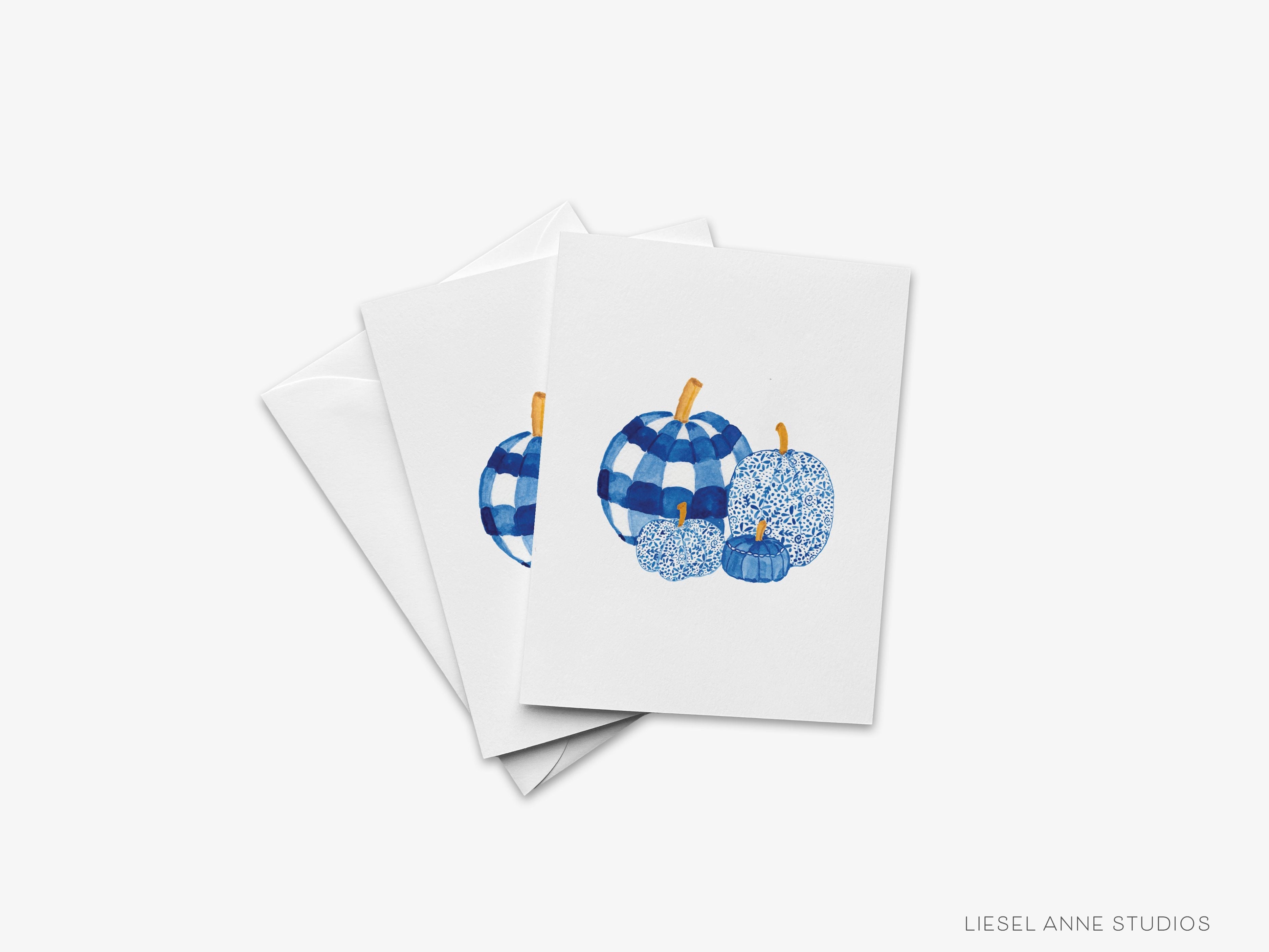 Blue and White Pumpkin Card-These folded greeting cards are 4.25x5.5 and feature our hand-painted pumpkins, printed in the USA on 100lb textured stock. They come with a White envelope and make a great Fall season card for the pumpkin and pun lover in your life.-The Singing Little Bird