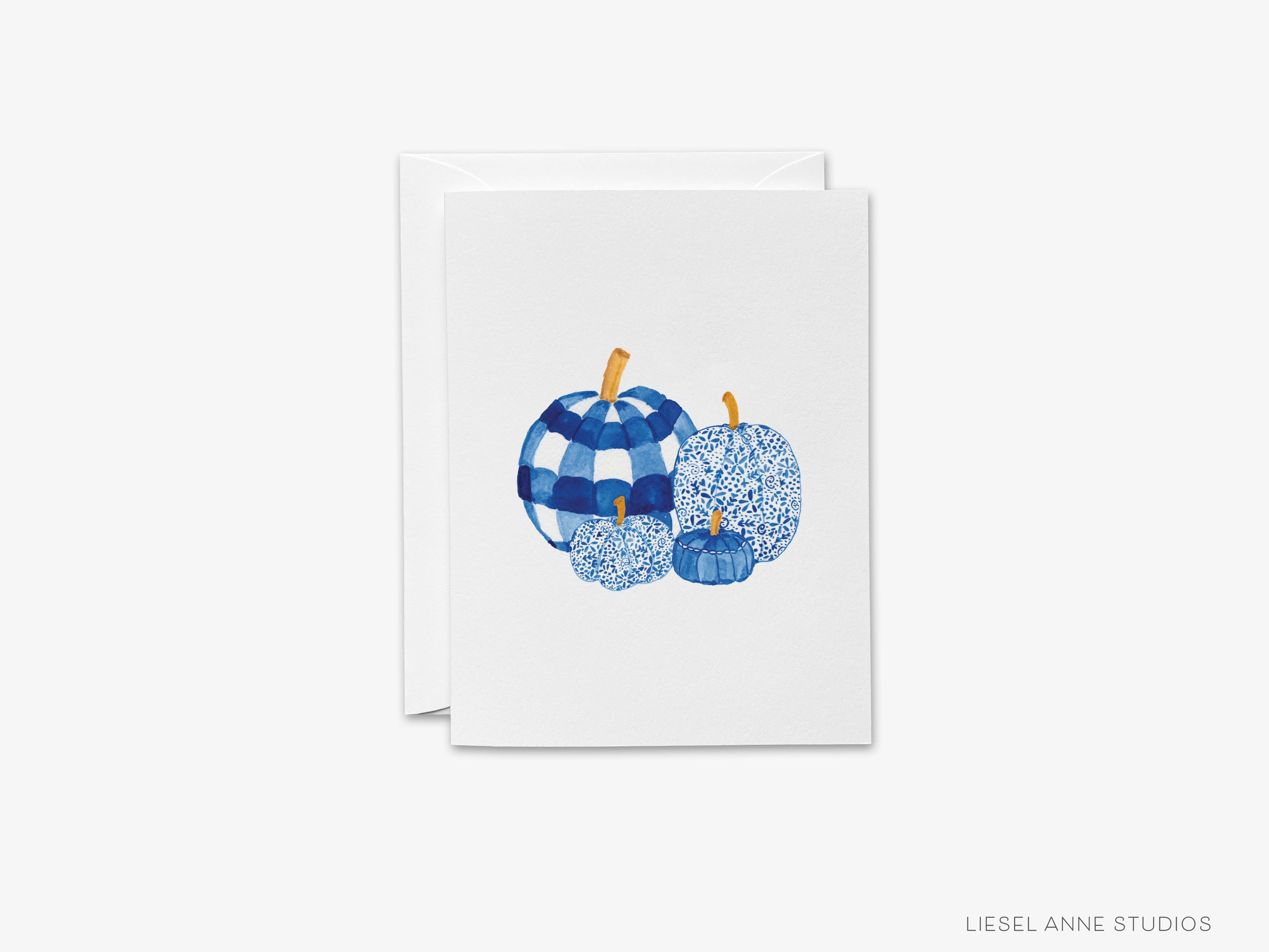 Blue and White Pumpkin Card-These folded greeting cards are 4.25x5.5 and feature our hand-painted pumpkins, printed in the USA on 100lb textured stock. They come with a White envelope and make a great Fall season card for the pumpkin and pun lover in your life.-The Singing Little Bird