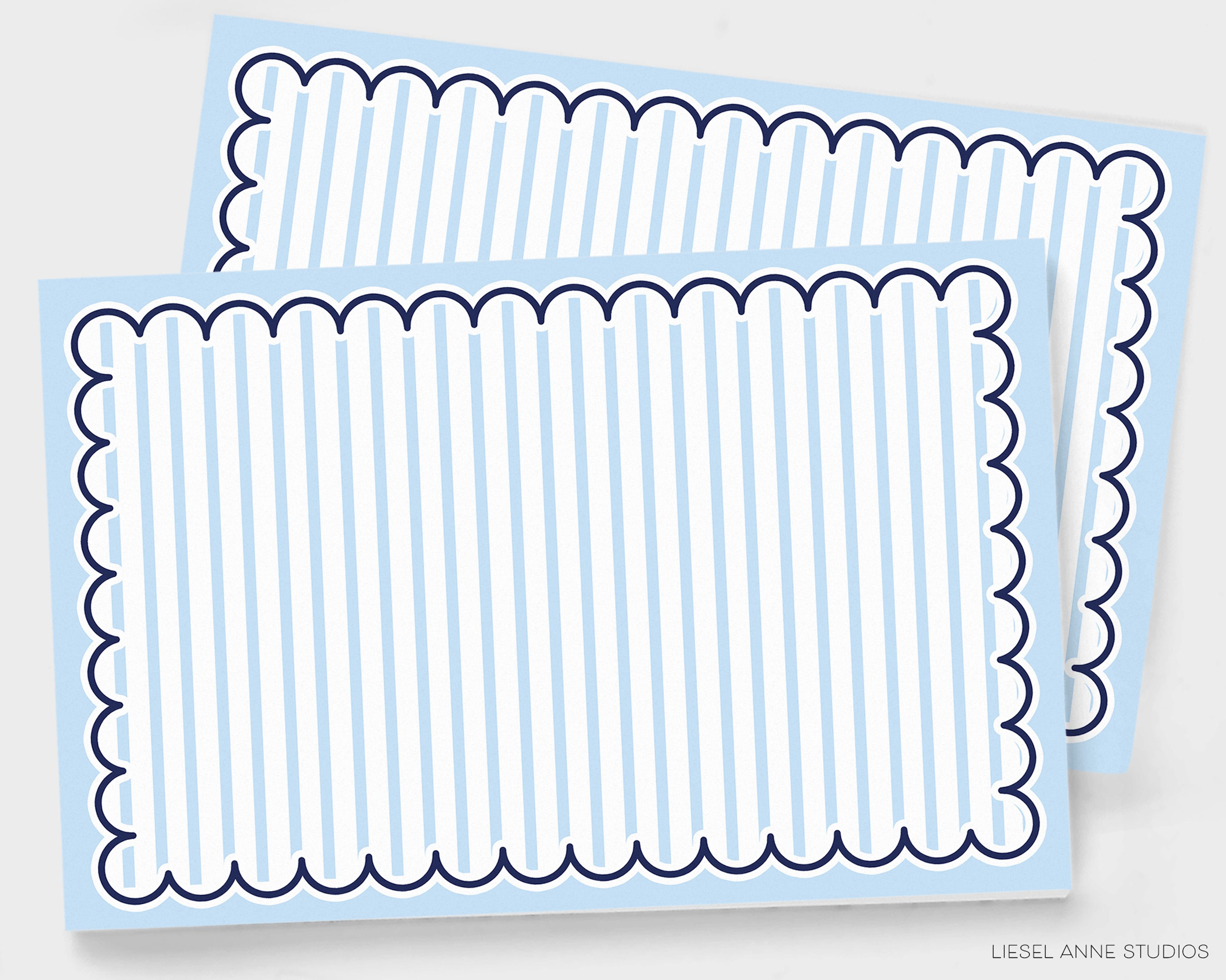 Blue and White Stripe Scalloped Placemat Pad-These placemat pads feature our blue and white stripe and blue scalloped design, printed in the USA on a beautiful smooth stock. They add a preppy touch to any holiday table setting and party decor. A great gift for the blue and white lover in your life.-The Singing Little Bird