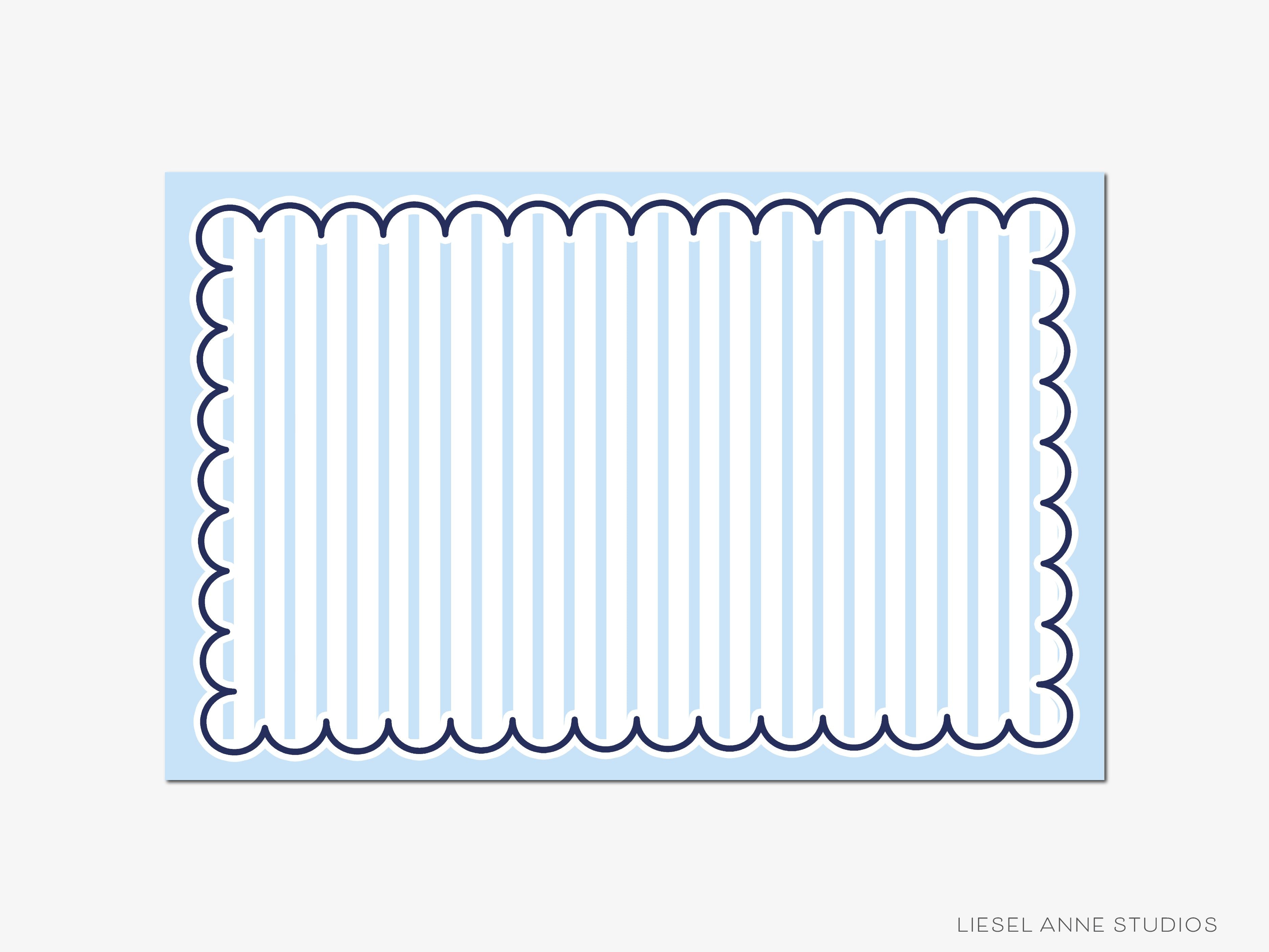 Blue and White Stripe Scalloped Placemat Pad-These placemat pads feature our blue and white stripe and blue scalloped design, printed in the USA on a beautiful smooth stock. They add a preppy touch to any holiday table setting and party decor. A great gift for the blue and white lover in your life.-The Singing Little Bird