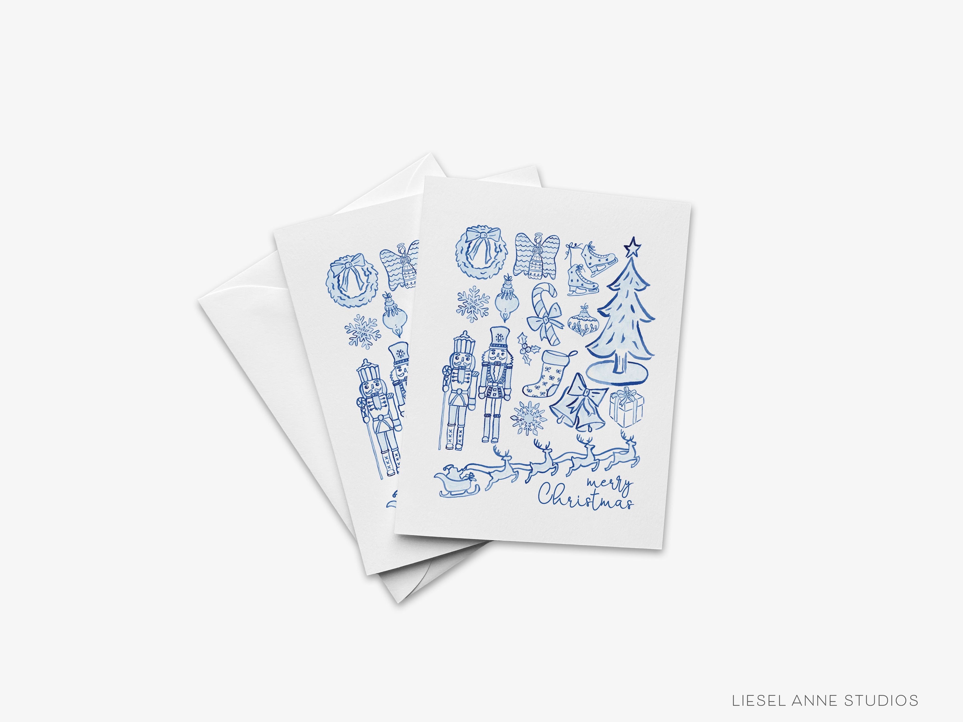 Blue and White Toile Christmas Card-These folded greeting cards are 4.25x5.5 and feature our hand-painted Christmas Toile, printed in the USA on 100lb textured stock. They come with a White envelope and make a great Christmas card for the holiday lover in your life.-The Singing Little Bird